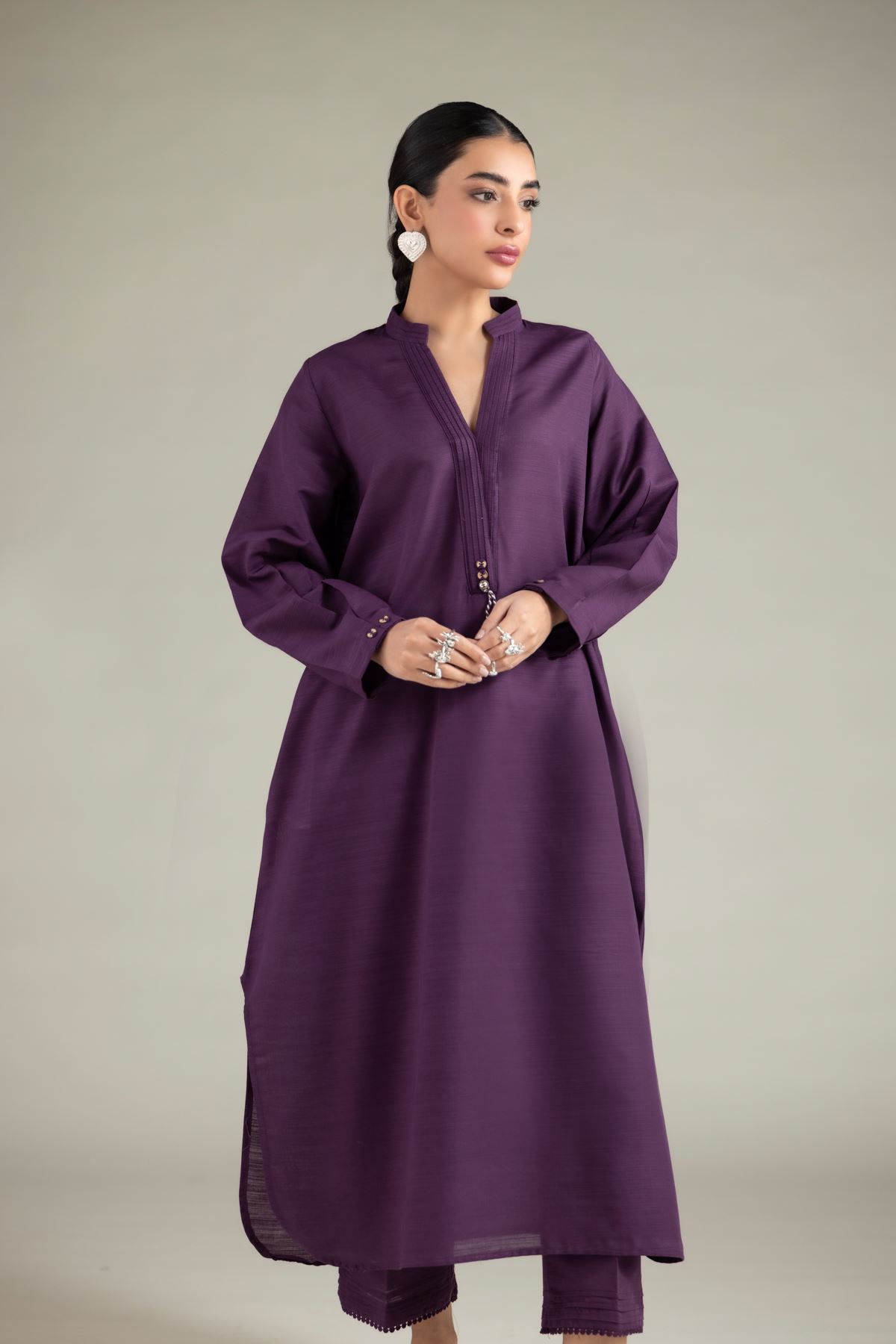 Dyed Textured Cotton Long V-Neck Kurta - 1-26-129-A-E-VG