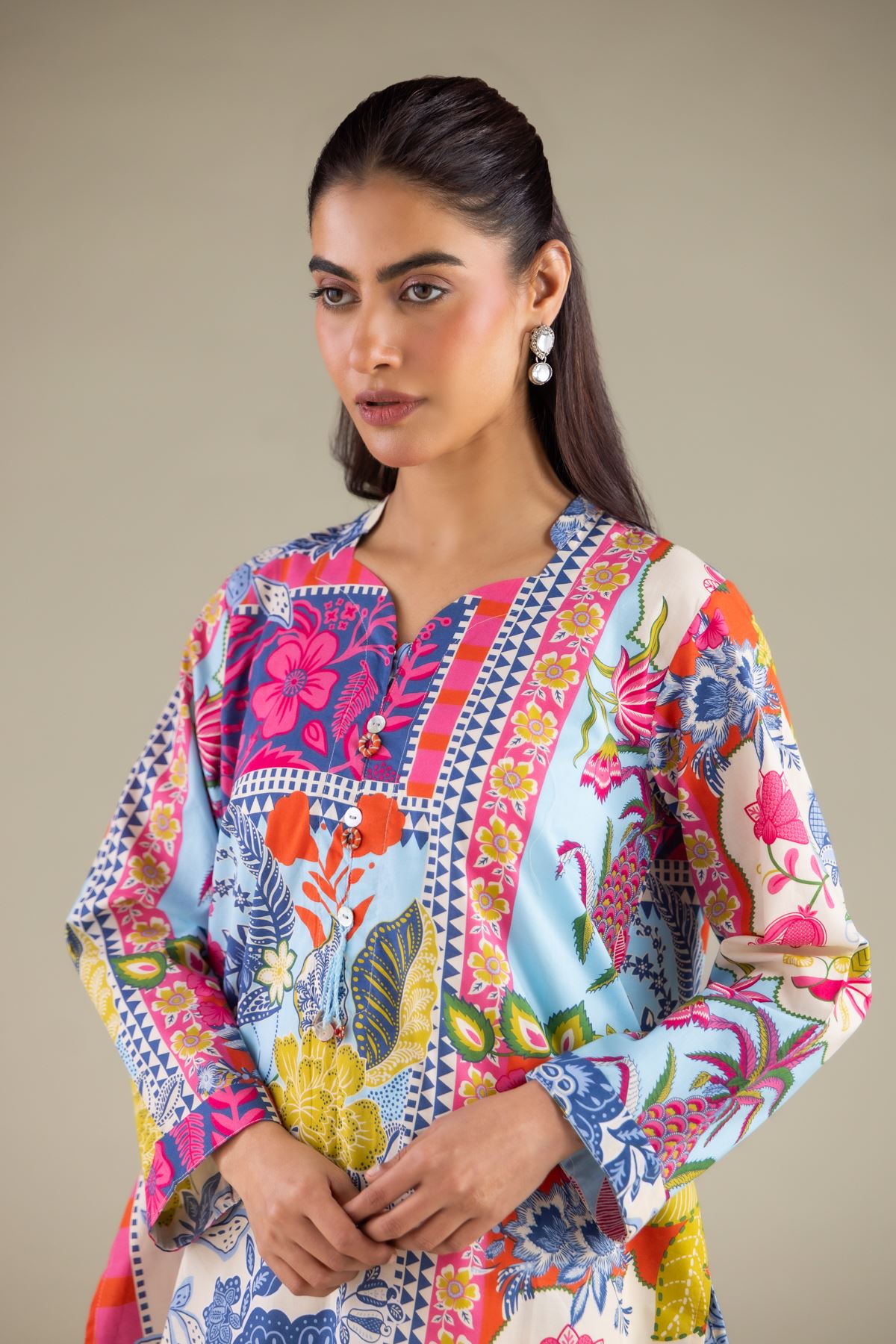 Printed Cambric Floral V-Neck Kurta - 1-26-108-A-F-VG