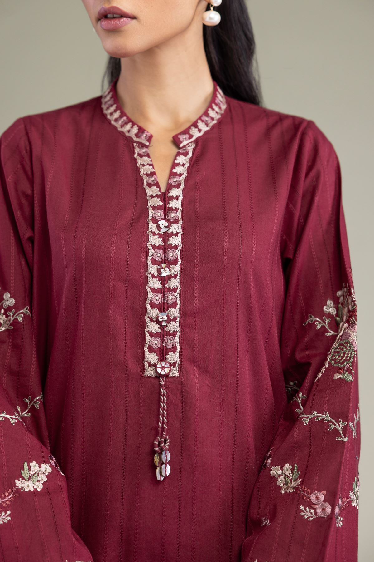 Embroidered Textured Cotton Floral Short Kurta - T-A11-26-114FF1-VG