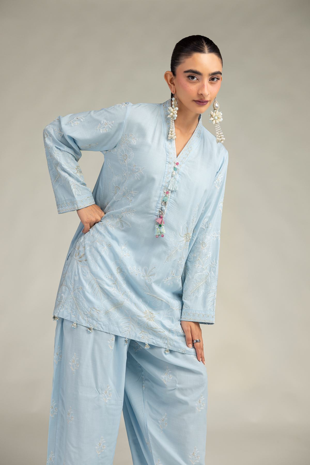 Embroidered Raw Silk Blue Floral Kurta - 1-26-322-B-A1-VG