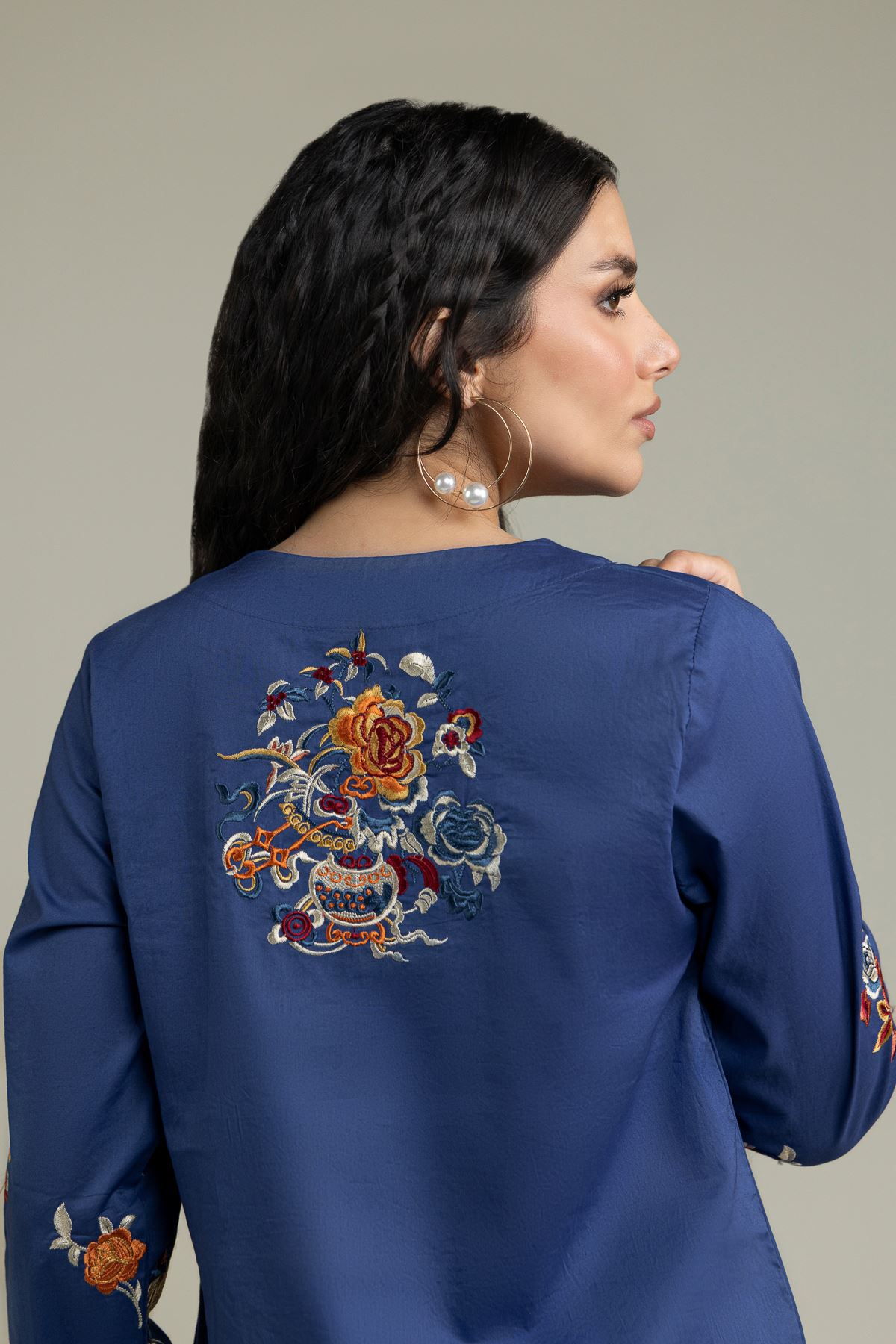 Embroidered Cambric Blue V-Neck Kurta - 2-26-212-A-H1-VG