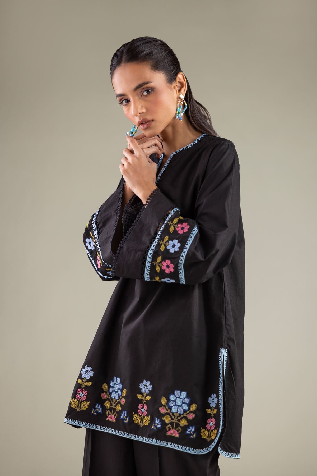Embroidered Cambric Floral Flared Kurta - 1-26-111-A-F-VG