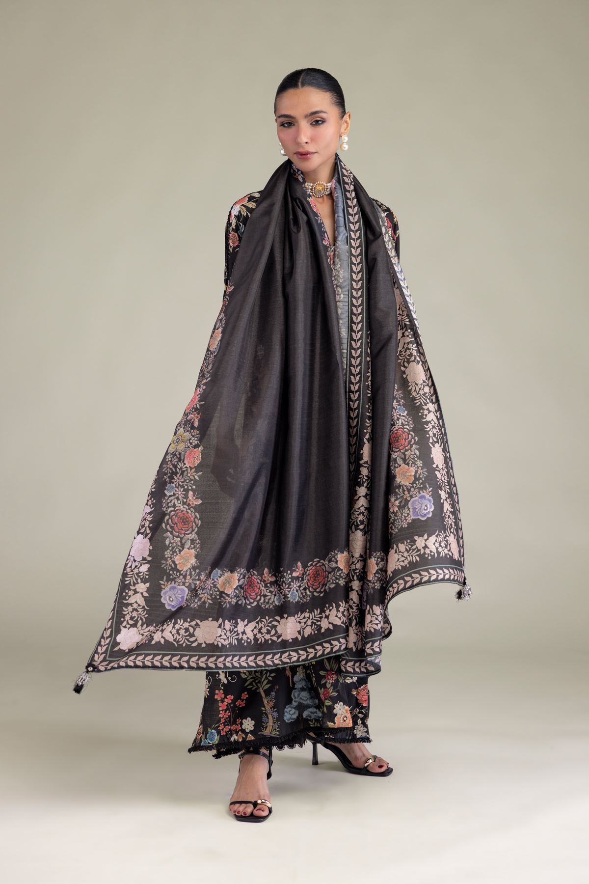 Embroidered Polyester Silk Black Silk Dupatta - 2-26-206-A-A1-VG
