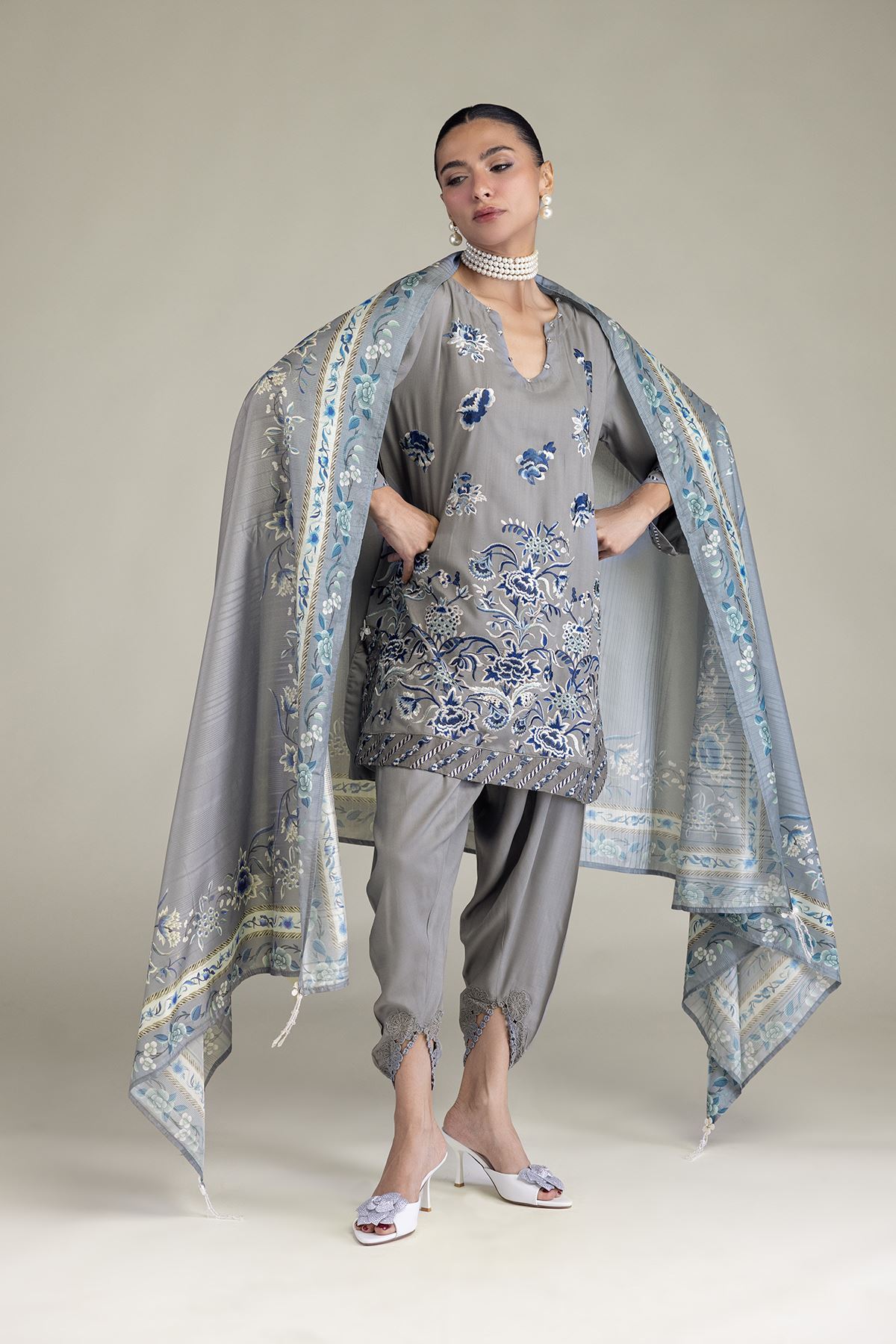 Embroidered Raw Silk Gray Floral Pants - 2-26-206-A-G1-VG