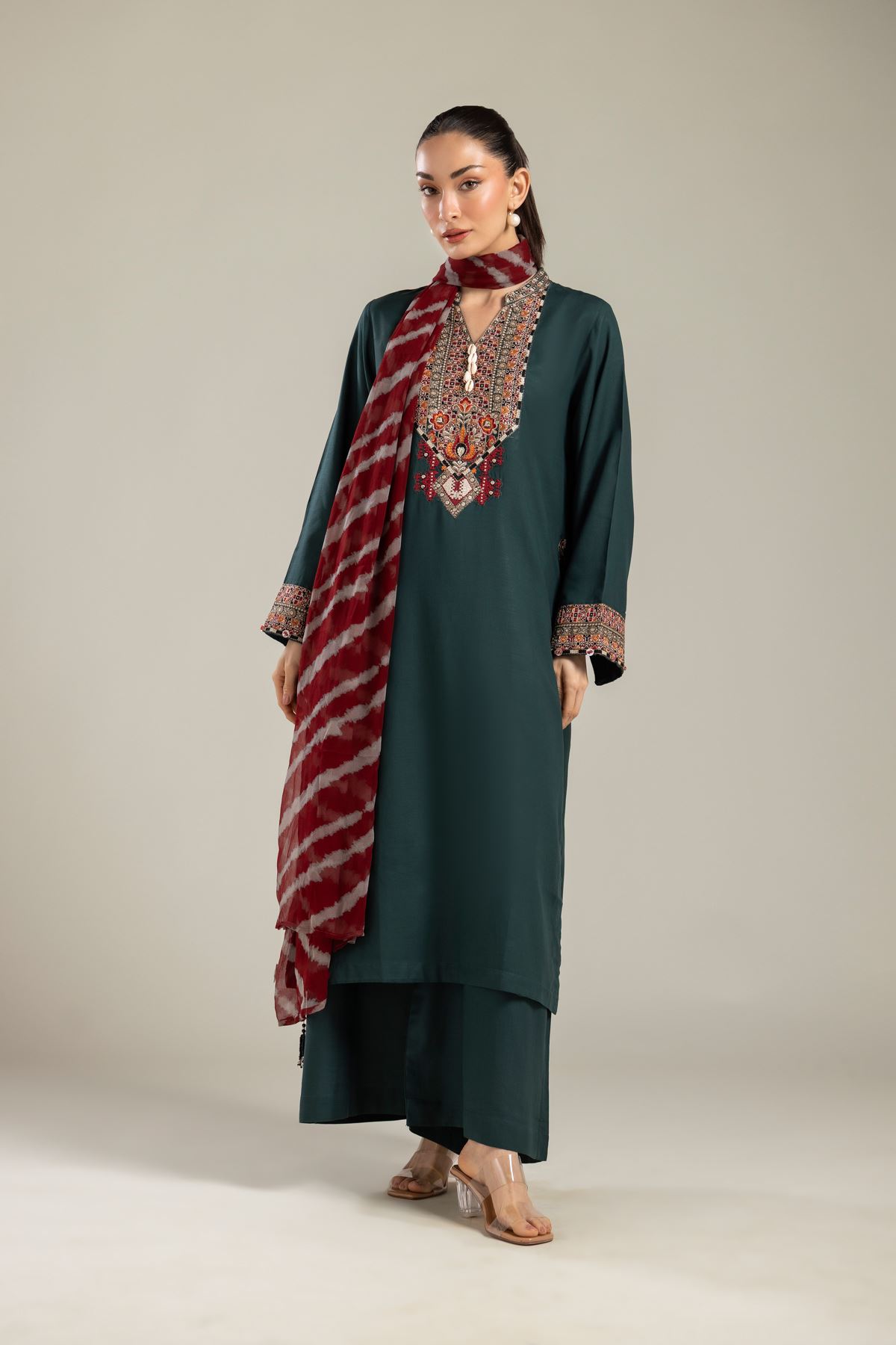 Embroidered Raw Silk Green Silk Pants - T-A112-26-103EI2-VG