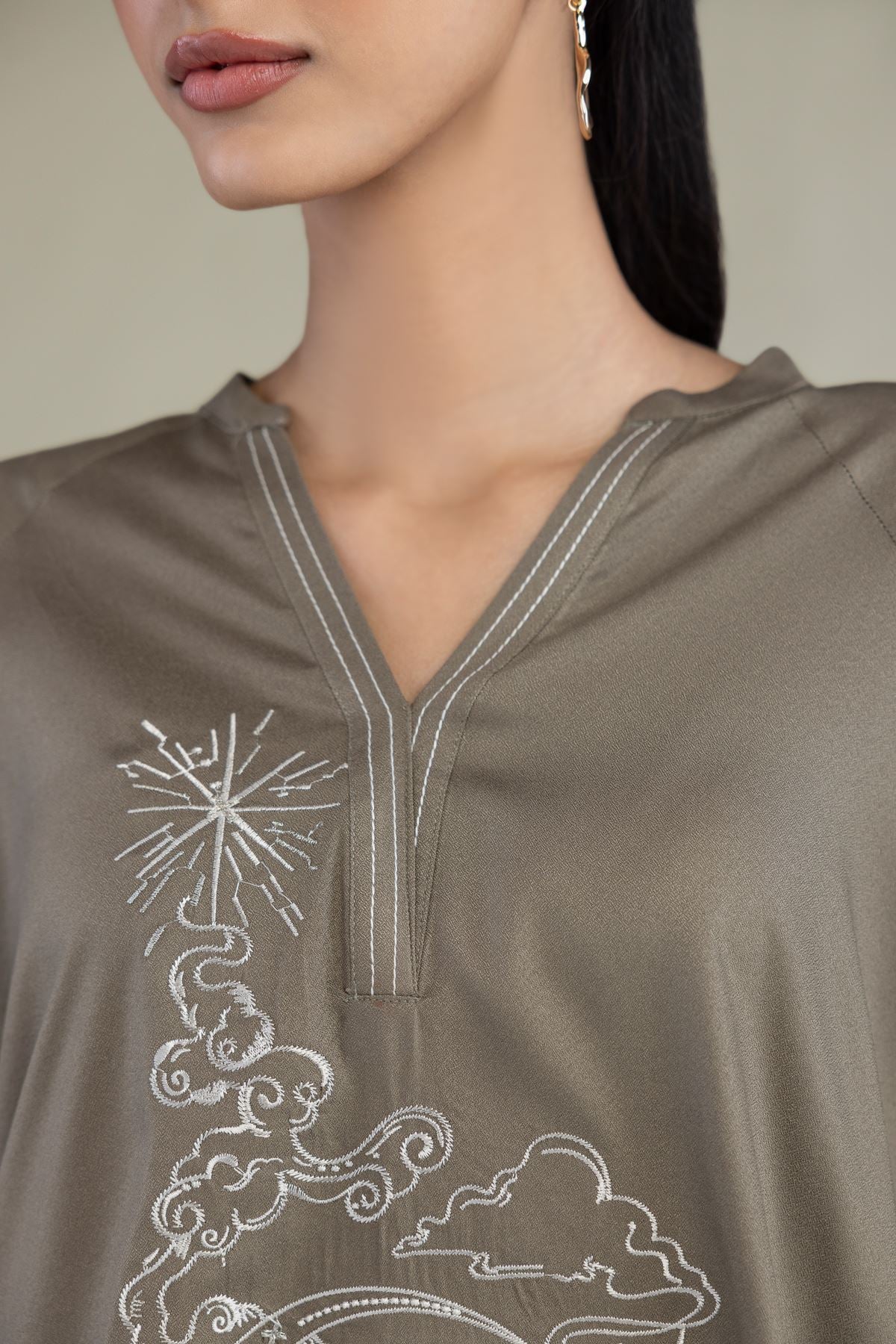 Embroidered Viscose Crepe Olive V-Neck Tunic - 2-26-308-A-B1-VG