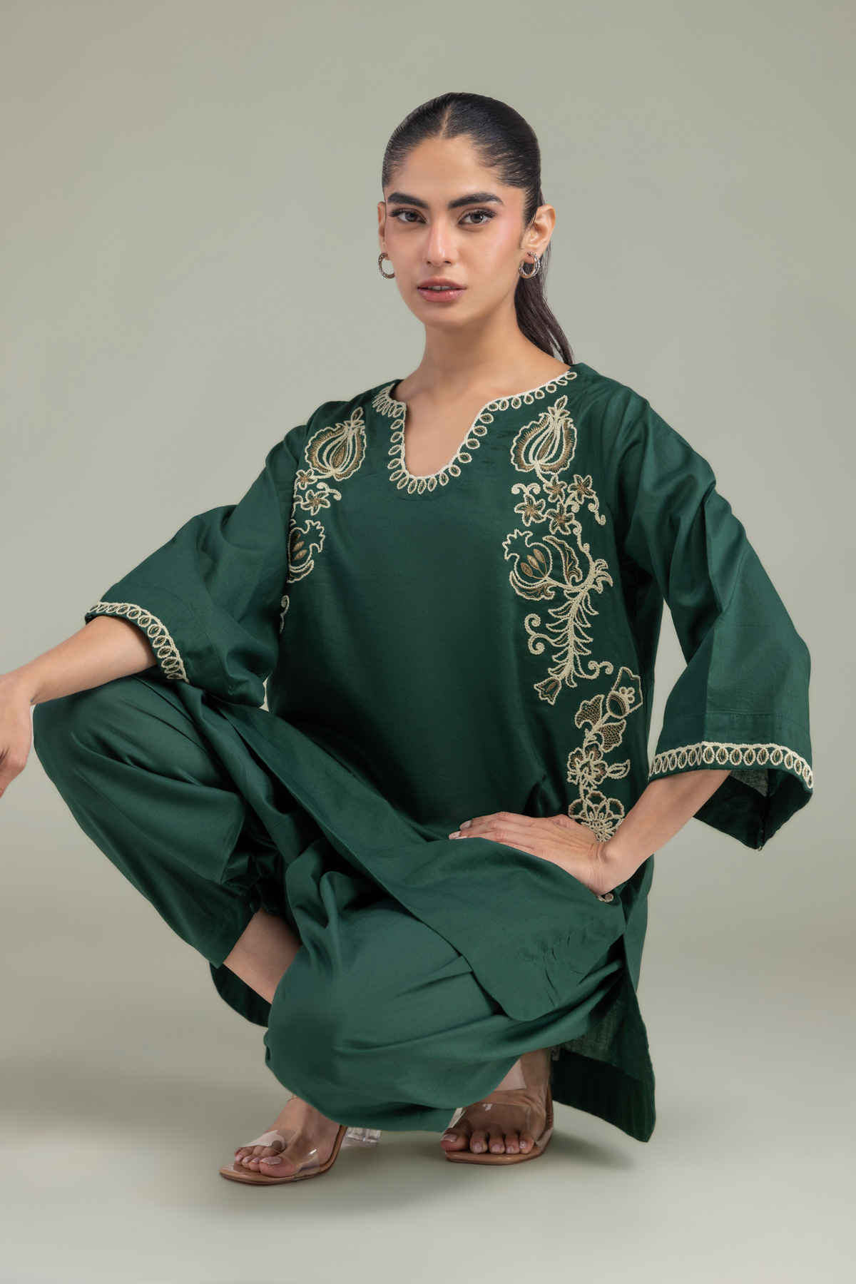 Embroidered Cambric V-Neck Green Kurta - 1-26-102-A-F-VG