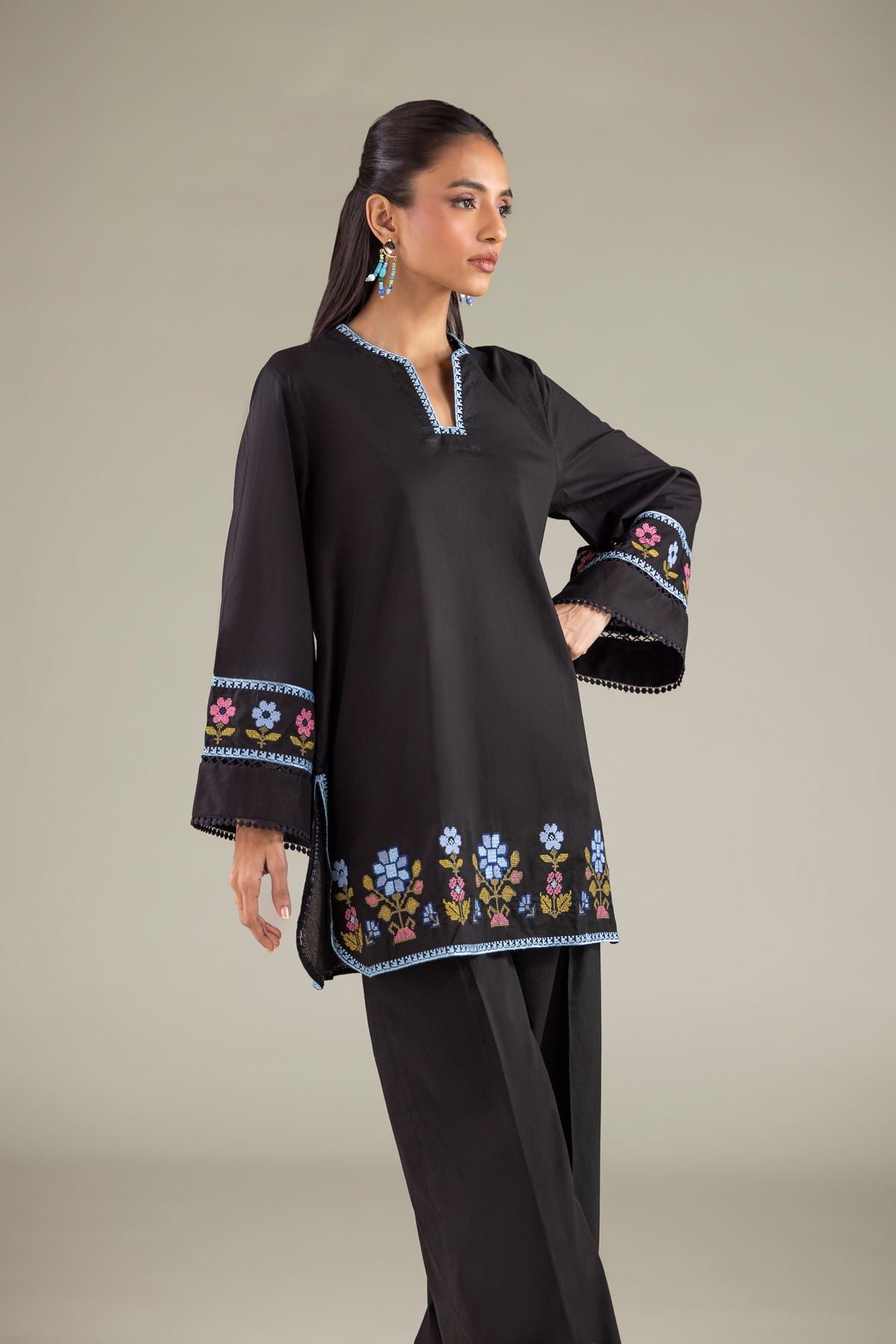 Embroidered Cambric Floral Flared Kurta - 1-26-111-A-F-VG