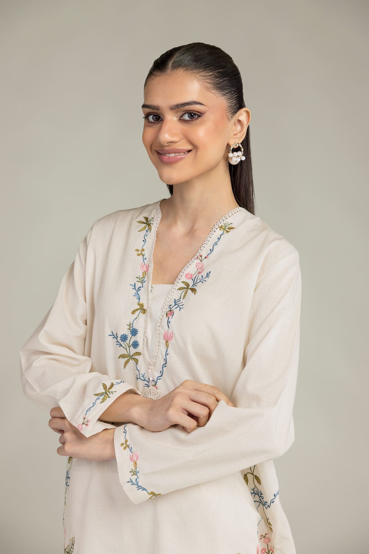 Embroidered Cotton Dobby Cotton V-Neck Kurta - 1-26-203-A-C1-VG