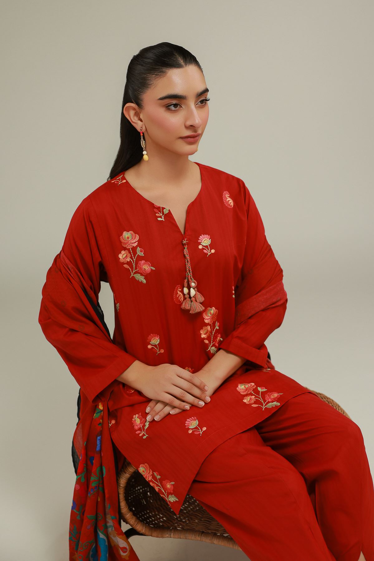 Embroidered Cotton Net Red Floral Dupatta - 1-26-145-C-H-VG