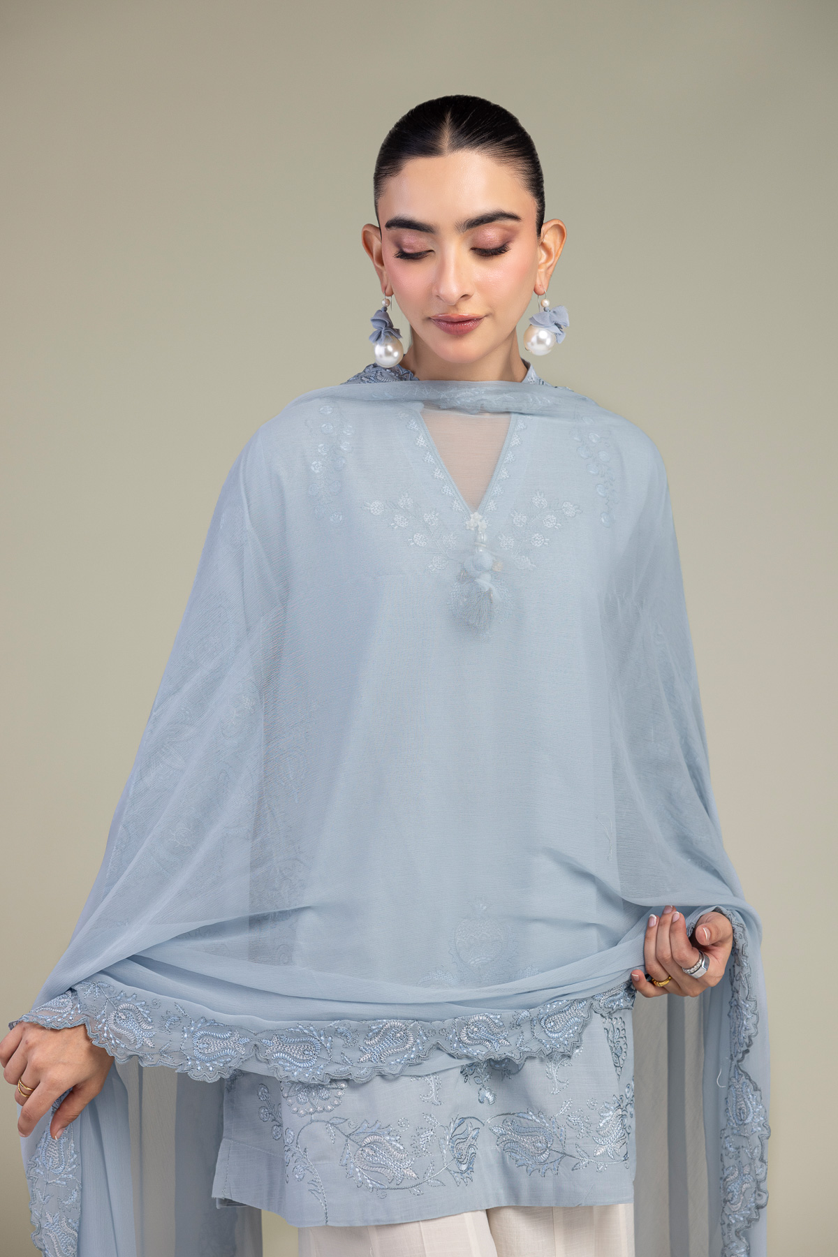 Embroidered Chiffon Blue Chiffon Dupatta - 1-26-309-B-D1-VG