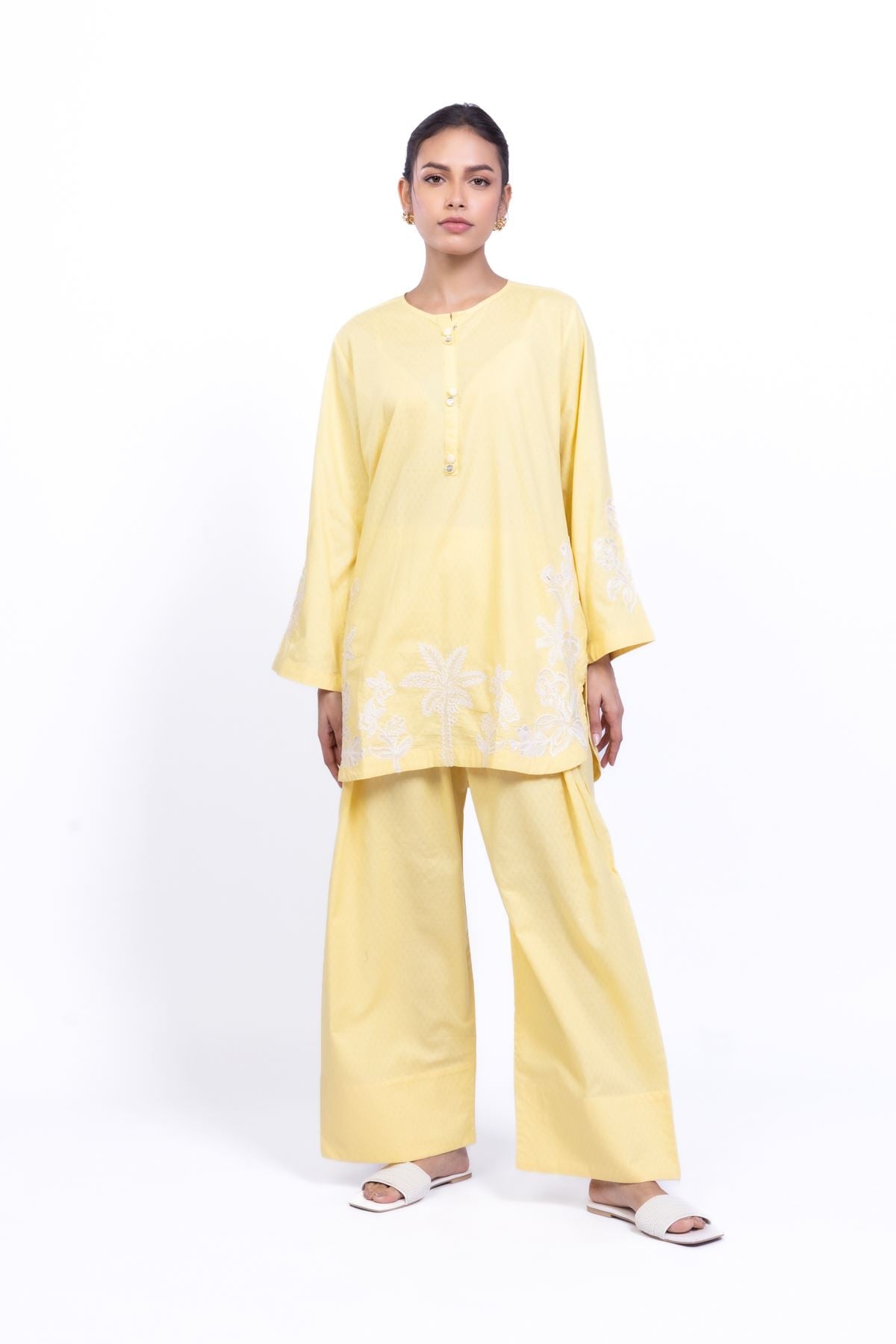 Embroidered Cotton Dobby Yellow Cotton Pants - 25-04E48-07TA-VG