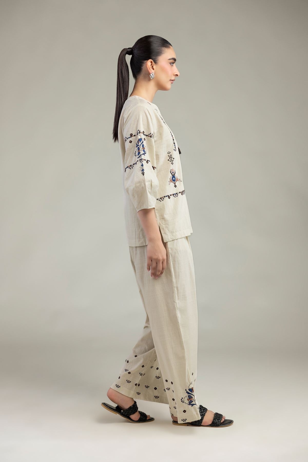 Embroidered Textured Cotton Floral Cotton Trousers - 6-26-204-B-I1-VG