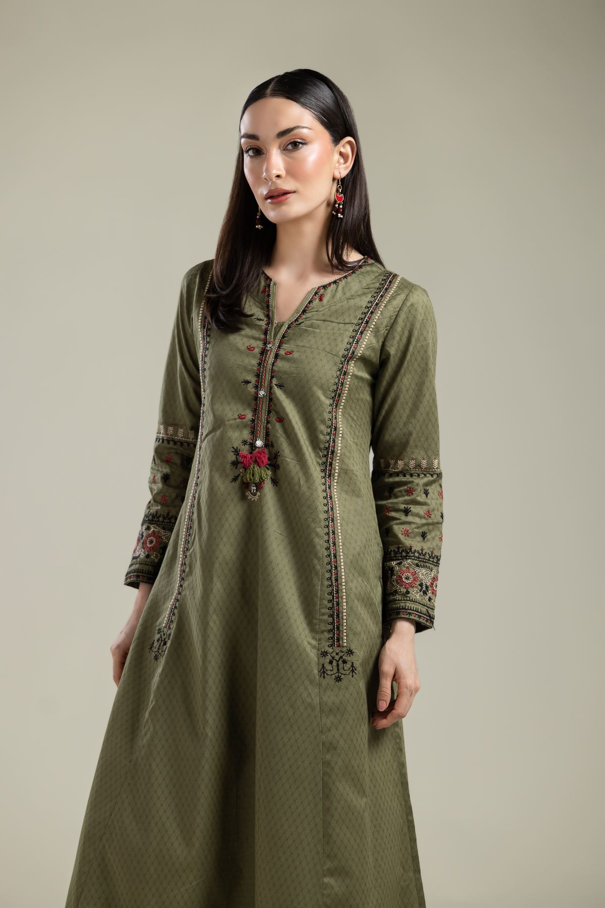 Embroidered Cotton Dobby Olive Floral Kurta - T-A112-26-106EC1-VG