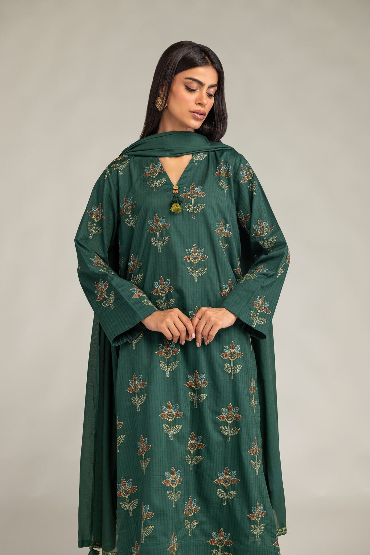 Embroidered Cotton Dobby Floral Longline Kurta - 2-26-301-B-F1-VG