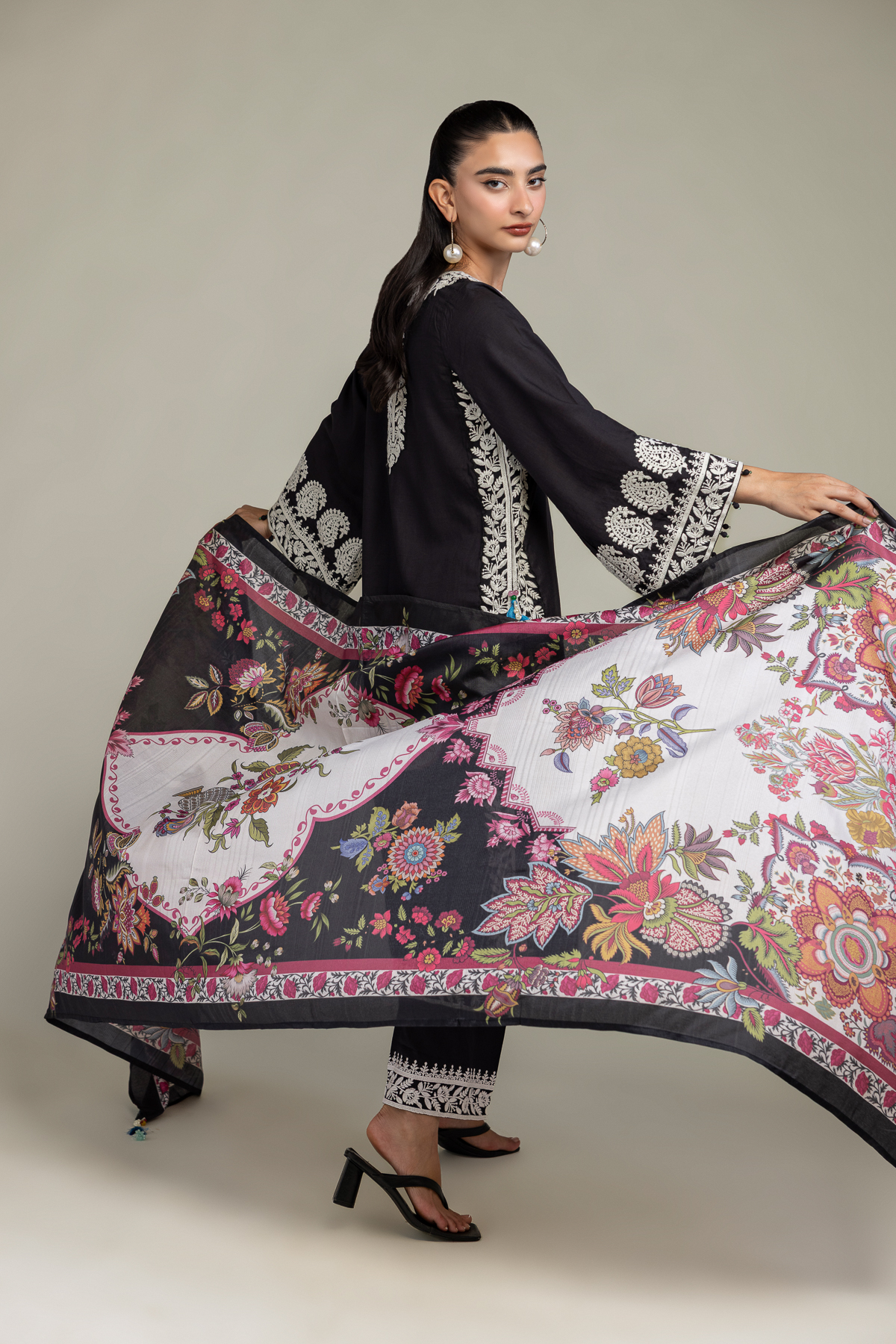 Embroidered Polyester Silk Black Silk Dupatta - 2-26-106-A-H-VG