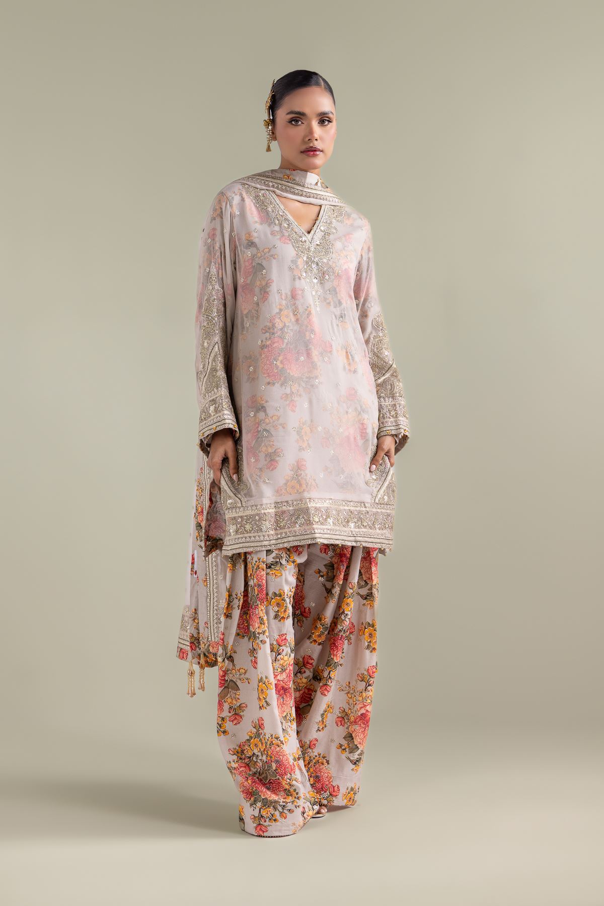 Embroidered Chiffon Floral Zari 3-piece - 5-26-103-F-F-VG