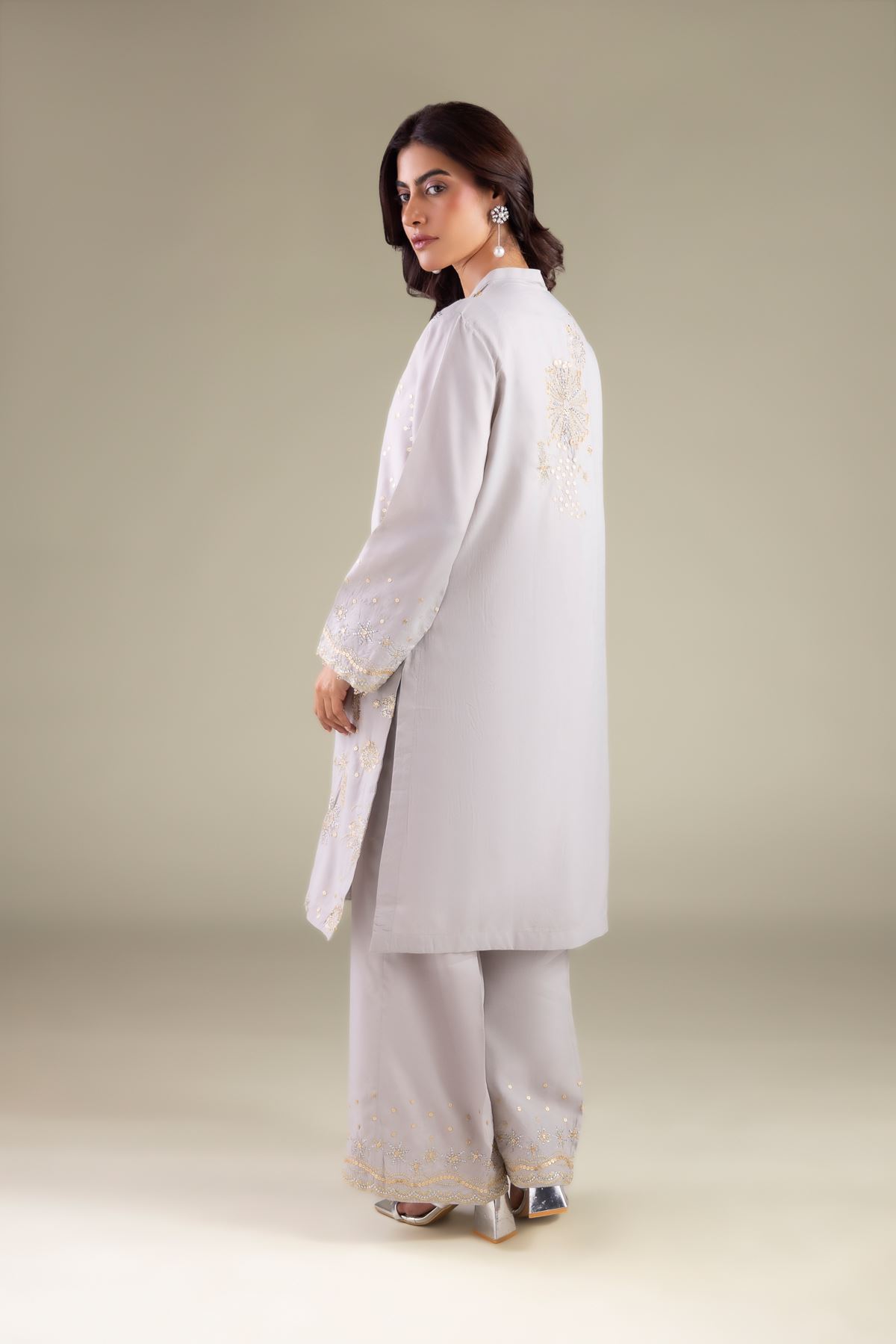 Embroidered Raw Silk Band Collar Kurta - 1-26-115-A-C-VG