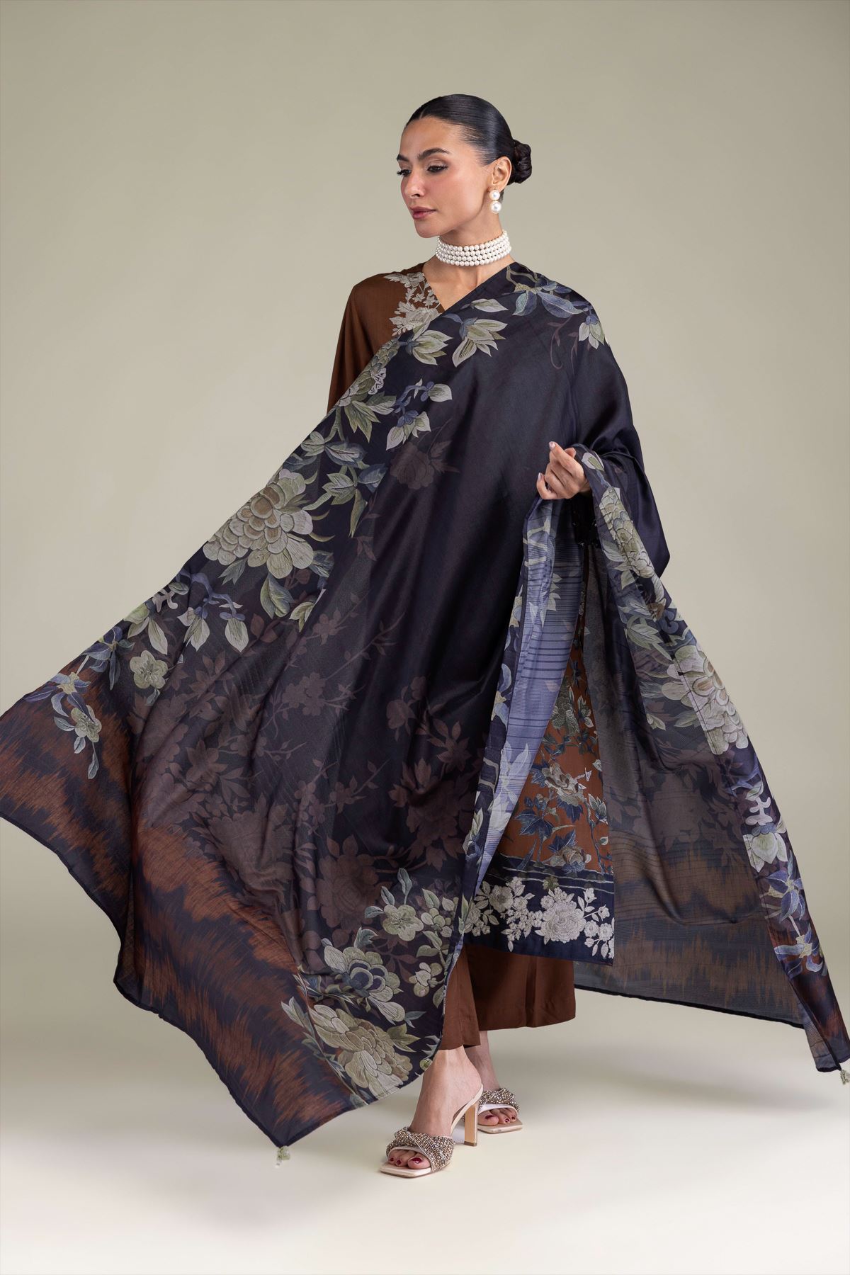 Embroidered Polyester Silk Brown Silk Dupatta - 2-26-206-A-F1-VG