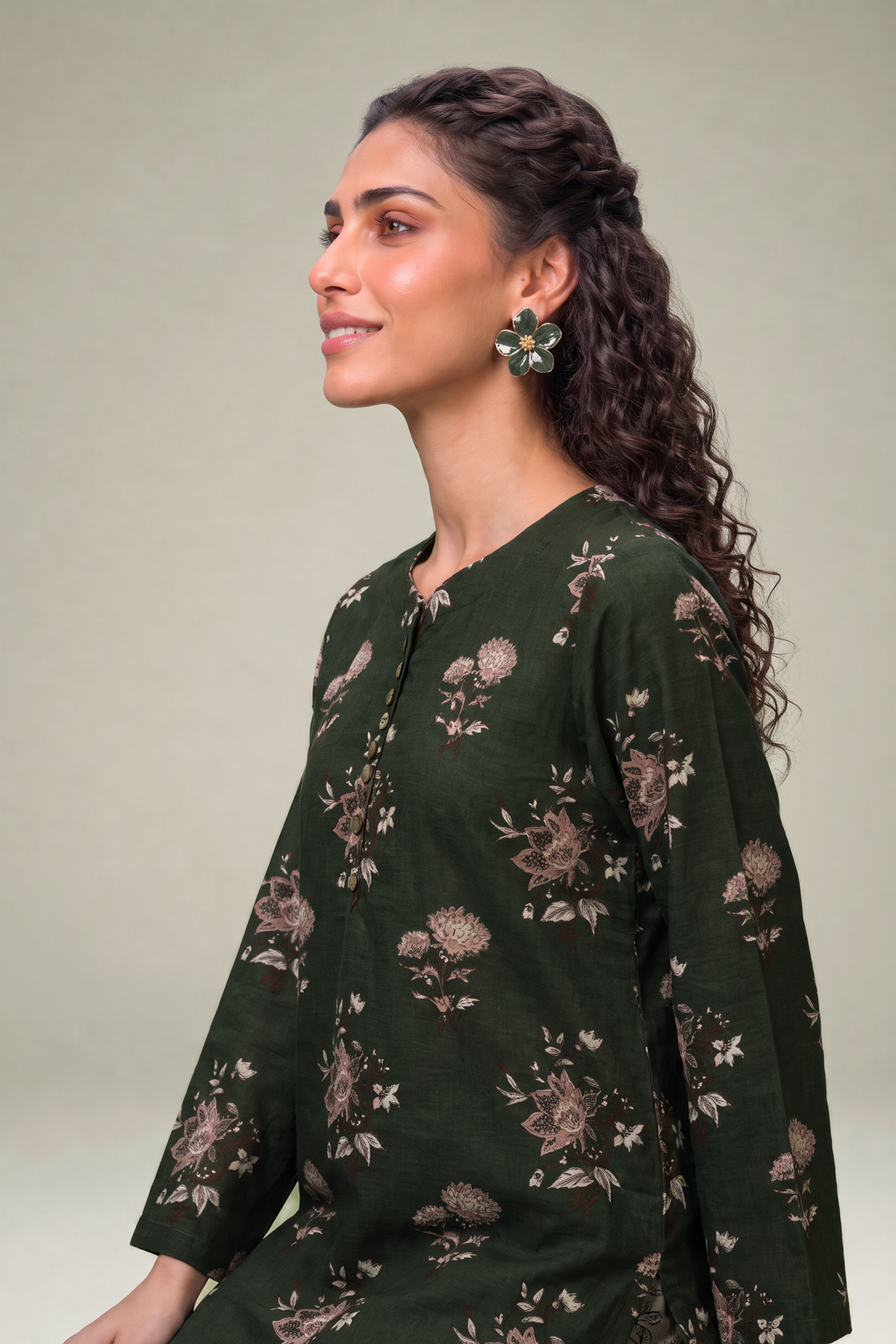 Printed Light Khaddar Longline Floral Kurta - 1-26-415-A-F2-VG