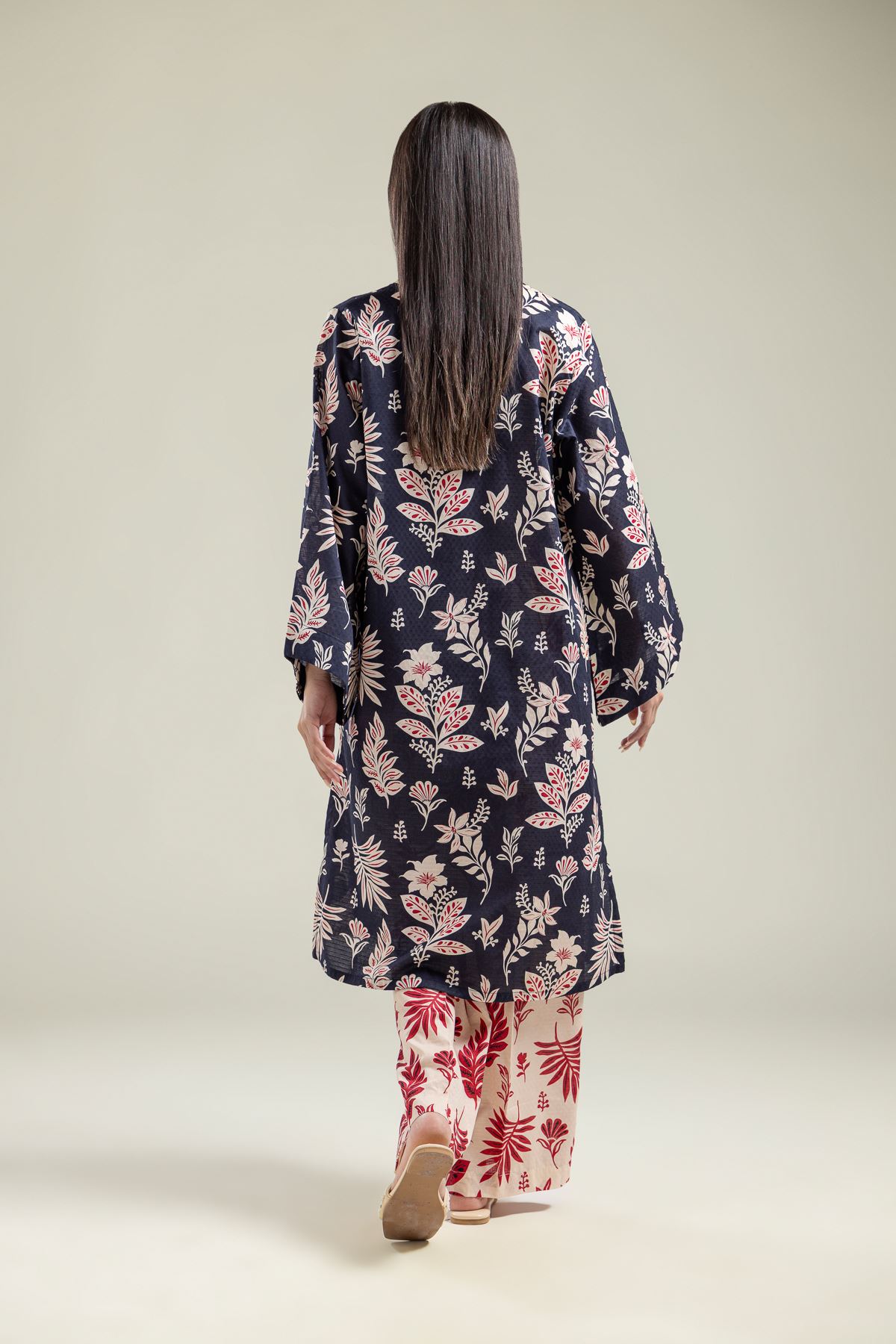 Printed Cotton Dobby V-Neck Navy Kurta - 1-26-204-A-H1-VG