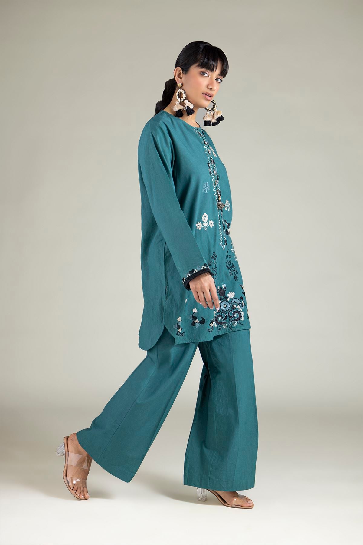 Embroidered Cambric Teal Tailored 2-Piece - T-A22-26-218FH1-VG