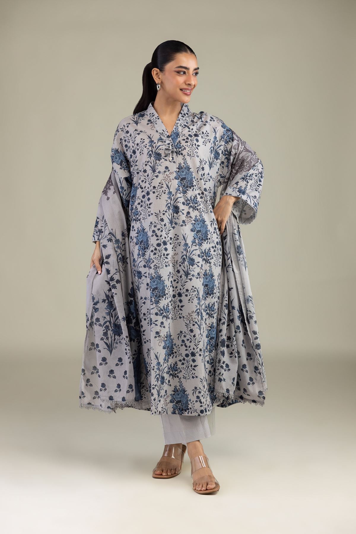 Printed Cotton Dobby Floral Longline Kurta - 1-26-244-A-D1-VG