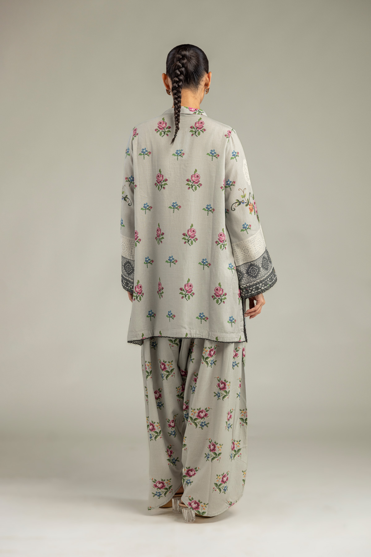 Embroidered Raw Silk Floral Gray Kurta - B1-2-26-106-A-C-VG