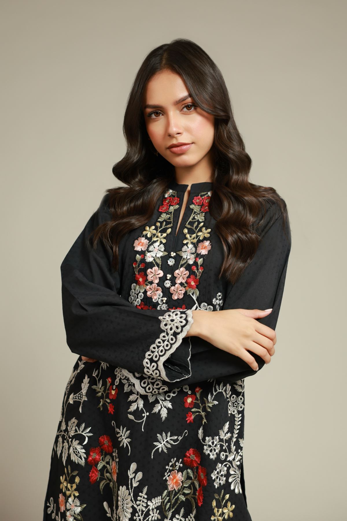 Embroidered Cotton Dobby Black Tailored Set - 25-09-11E3-11TB-VG