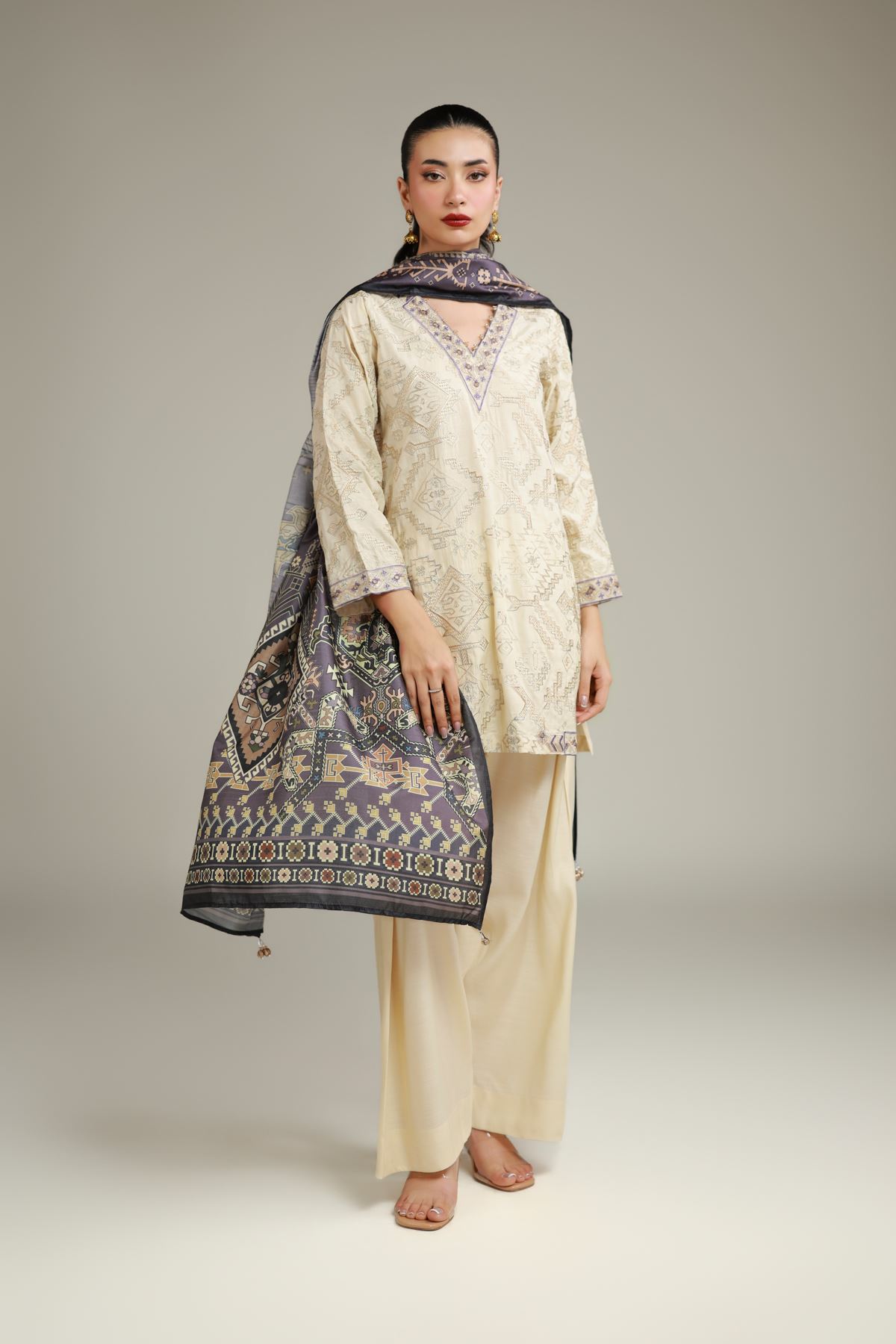 Embroidered Polyester Silk Gray Silk Dupatta - 2-26-112-A-D-VG