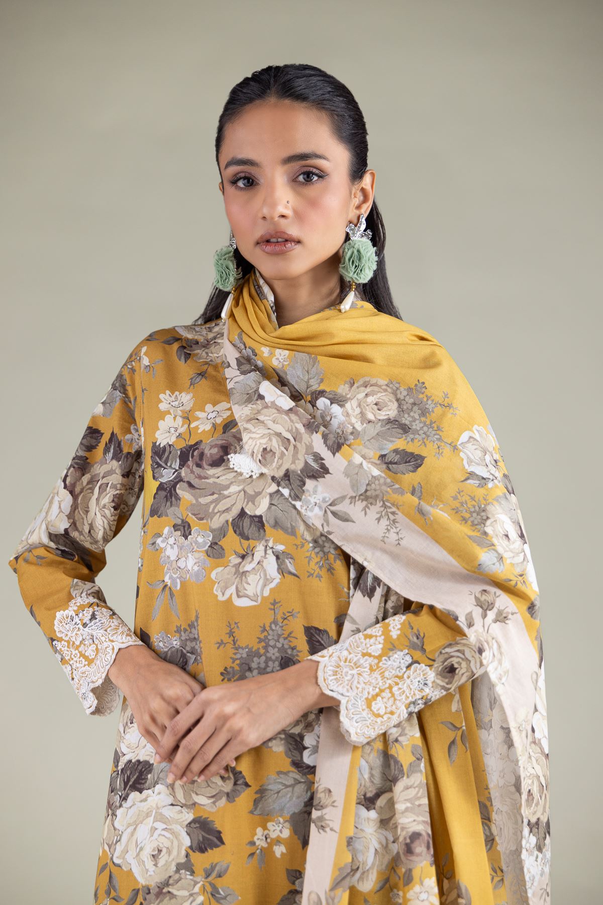 Embroidered Lawn Floral Draped Dupatta - 1-26-111-C-G-VG