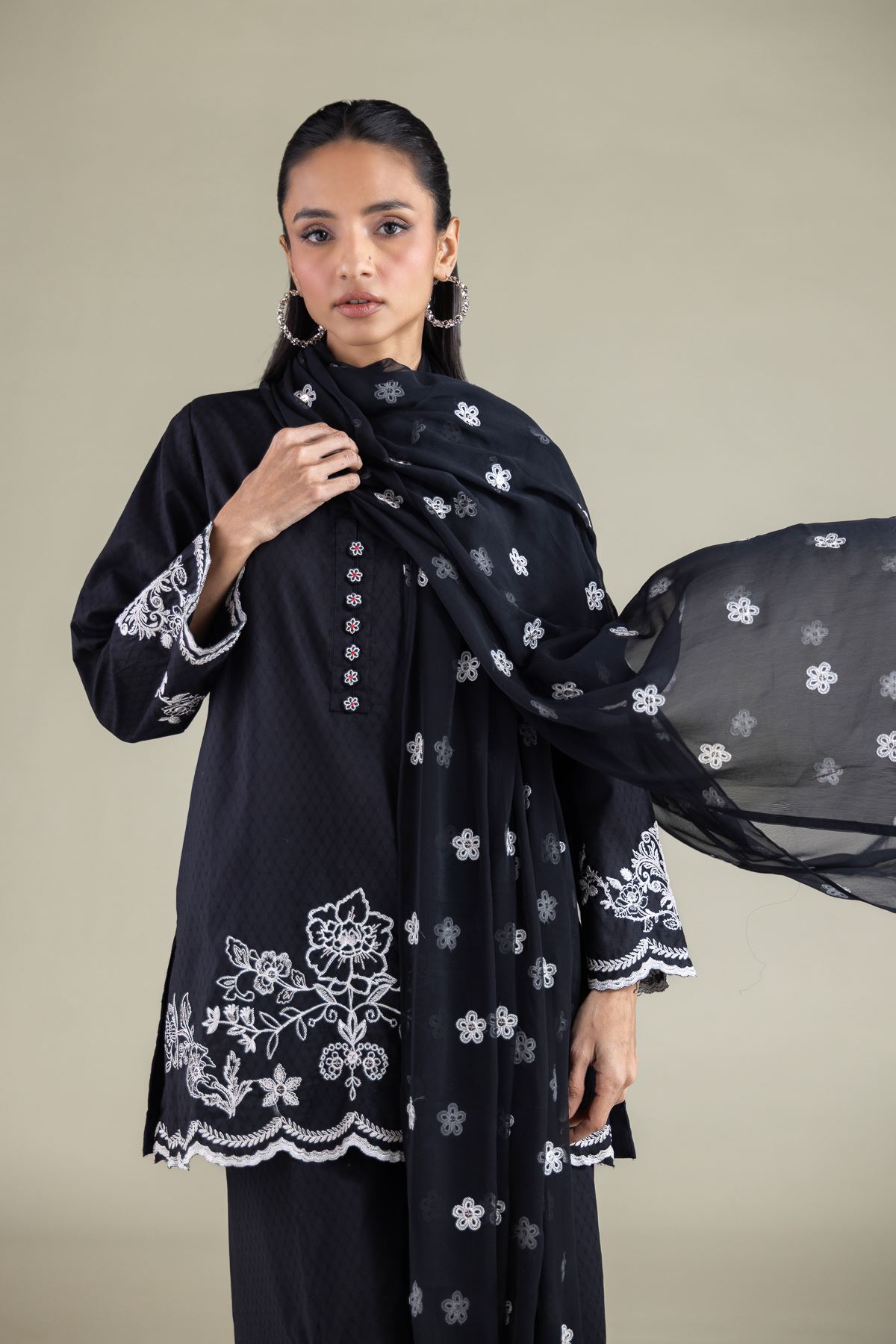 Embroidered Cotton Dobby V-neck Floral Kurta - 2-26-105-A-D-VG