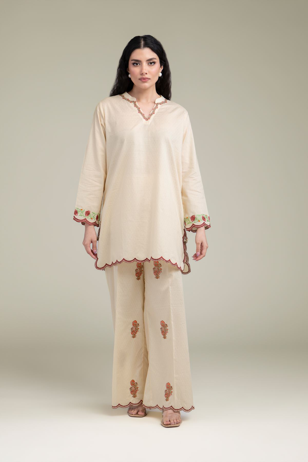 Embroidered Cotton Dobby Beige Cotton Pants - 25-10-11E16-10TA-VG