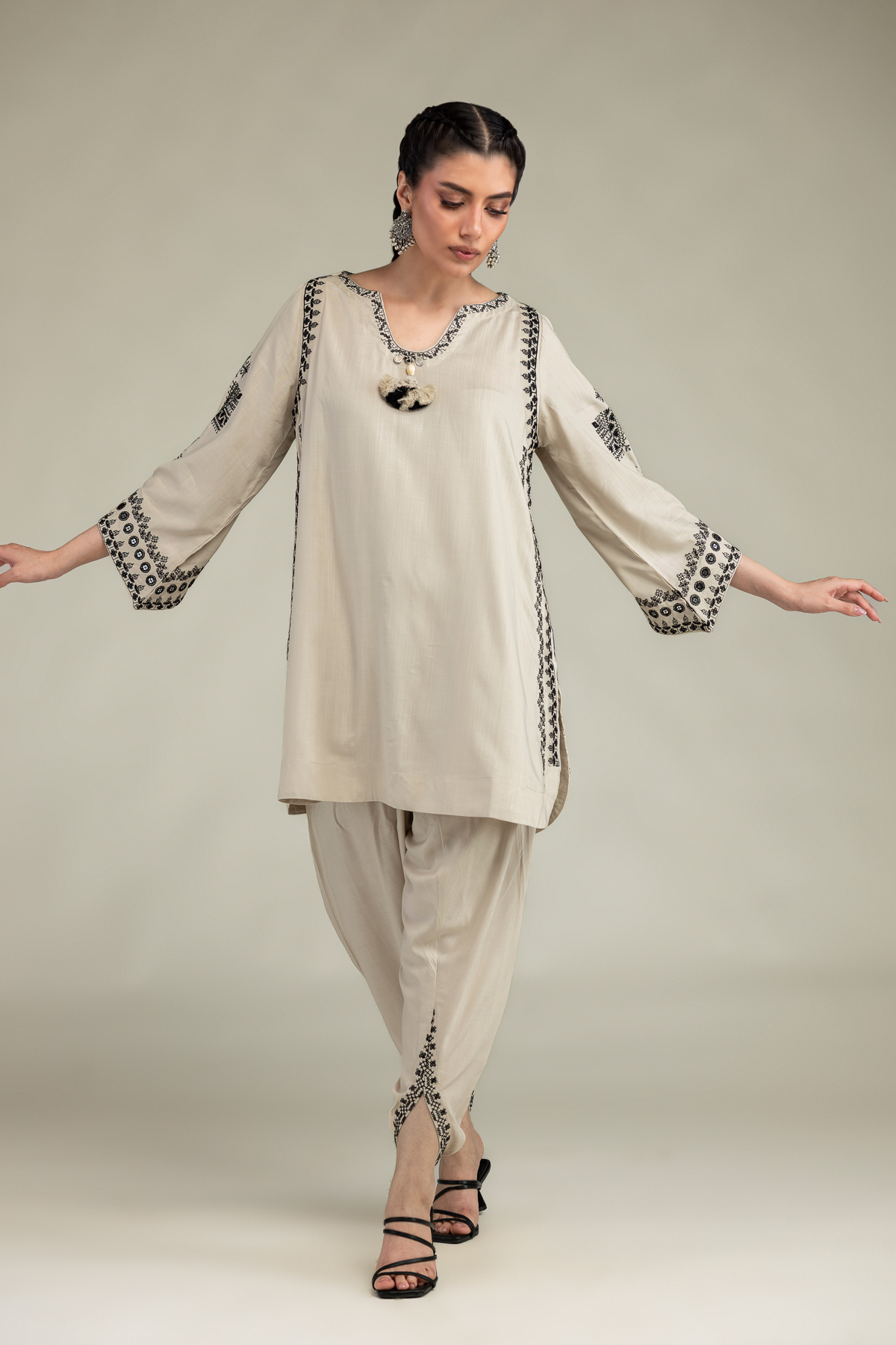 Embroidered Raw Silk Short Beige Kurta - 1-26-309-B-D1-VG