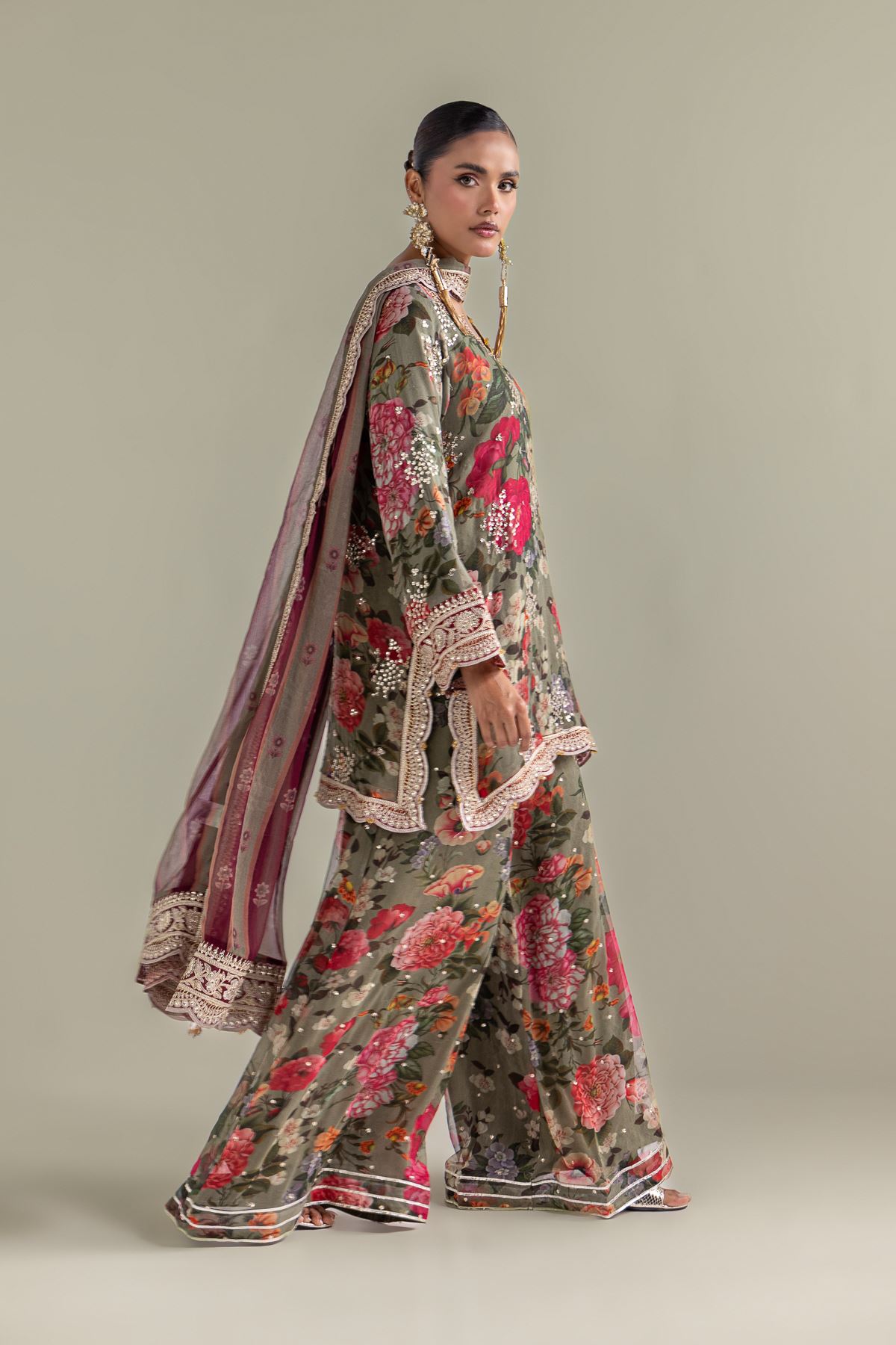 Embroidered Chiffon Floral 3-Piece Co-ords - 12-26-101-E-G-VG