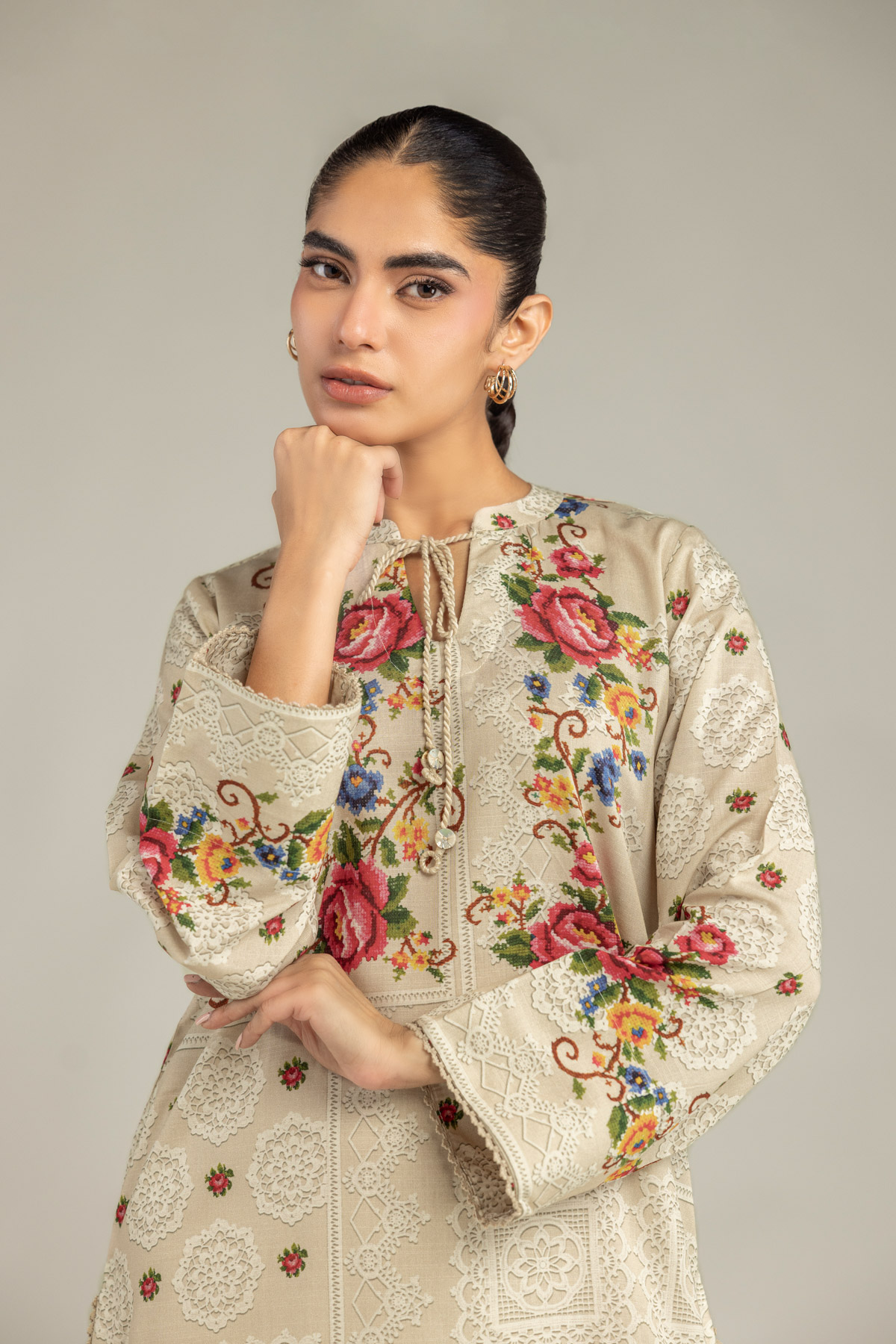 Embroidered Raw Silk Floral Beige Kurta - 1-26-102-A-F-VG