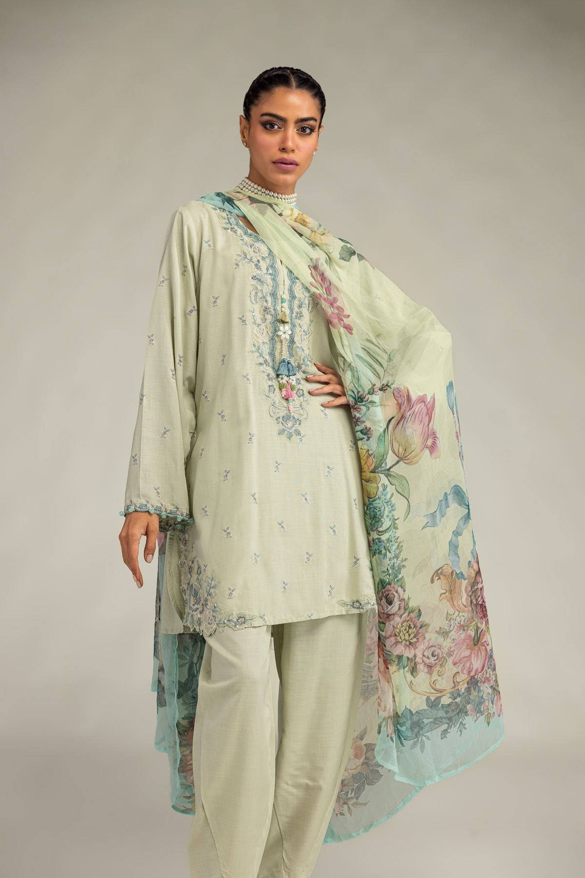 Embroidered Raw Silk Floral Mint Kurta - 2-26-306-A-D1-VG