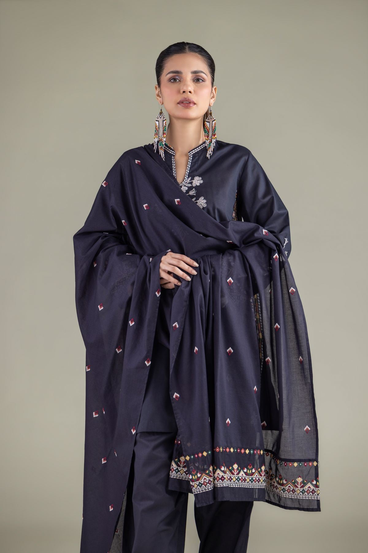 Embroidered Lawn Draped Geometric Dupatta - 1-26-127-A-E-VG