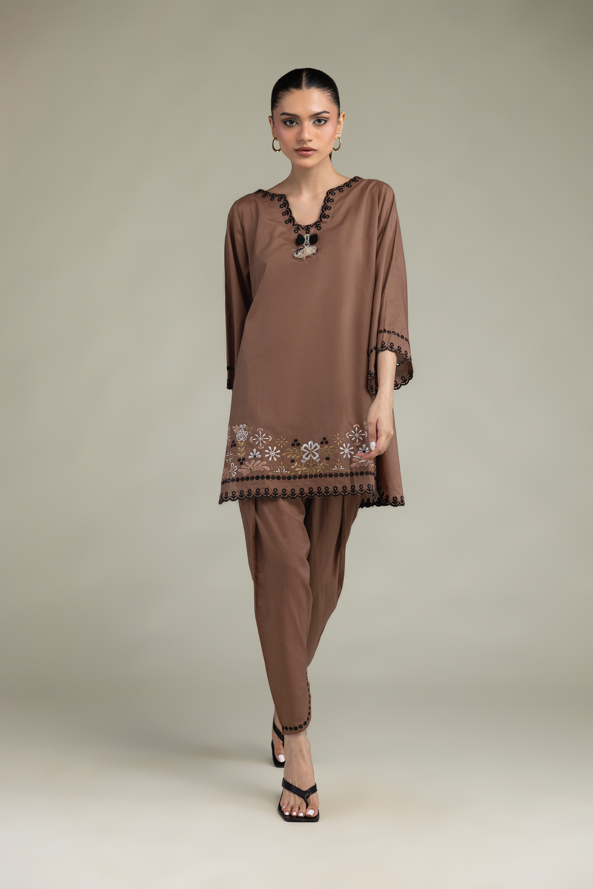 Embroidered Cambric Short Brown Kurta - 1-26-303-B-G1-VG