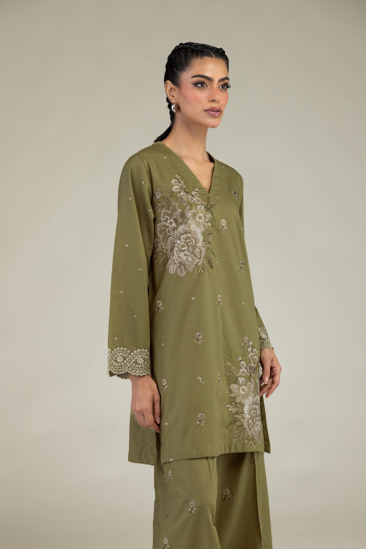 Embroidered Cotton Dobby Olive V-Neck Kurta - 25-10-12E5-12TA-VG