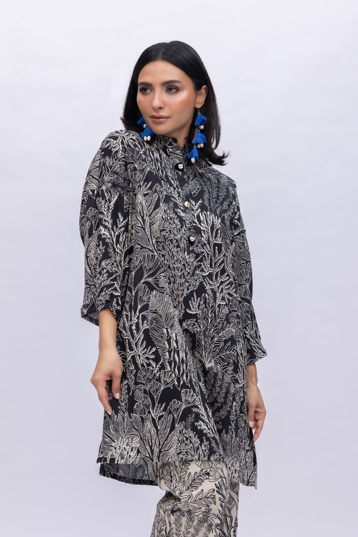 Printed Ripple Crinkle Long High-Neck Kurta - 25-08-8E4-01TA-VG