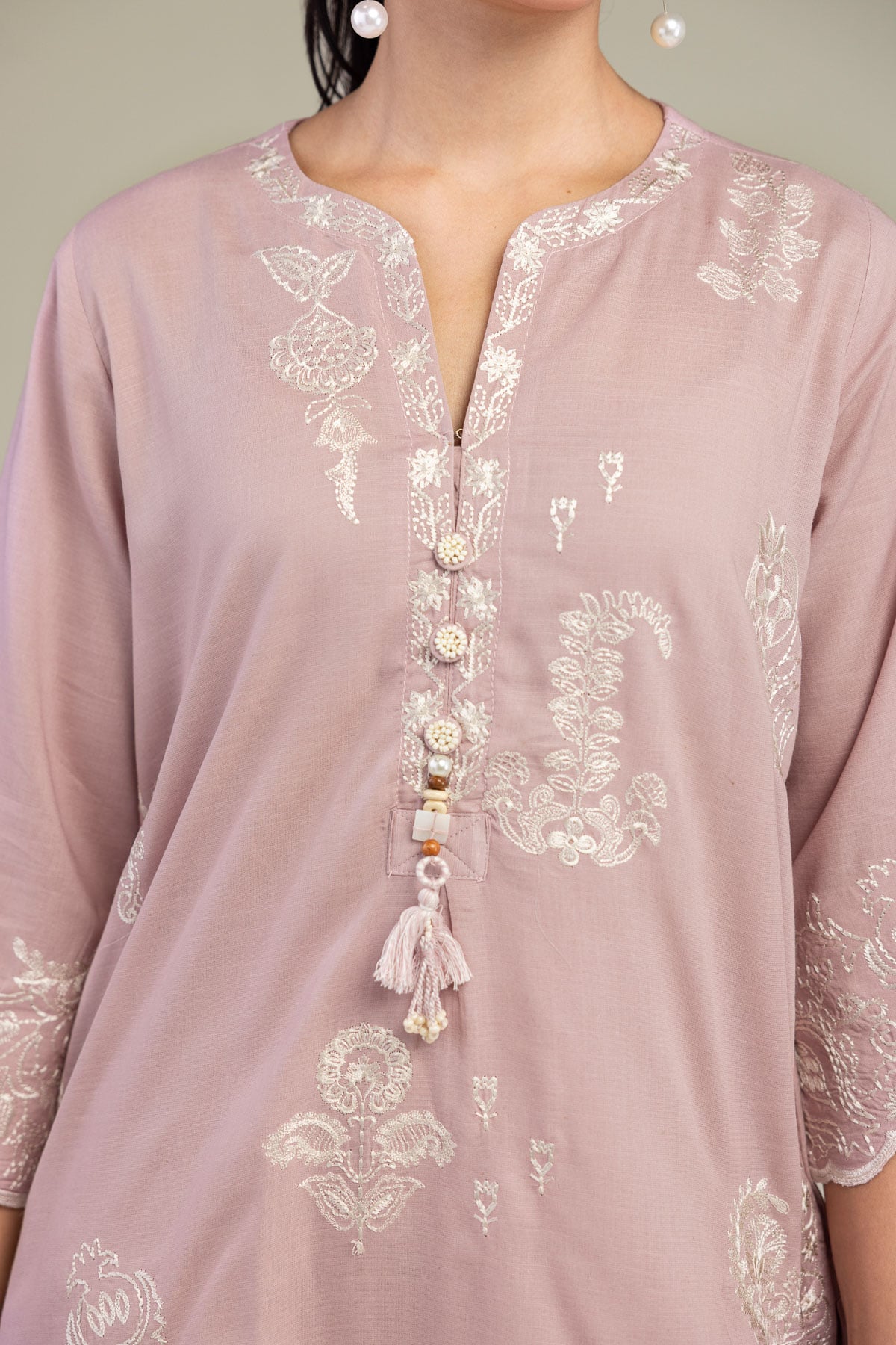 Embroidered Raw Silk V-Neck Pink Kurta - 1-26-309-B-D1-VG