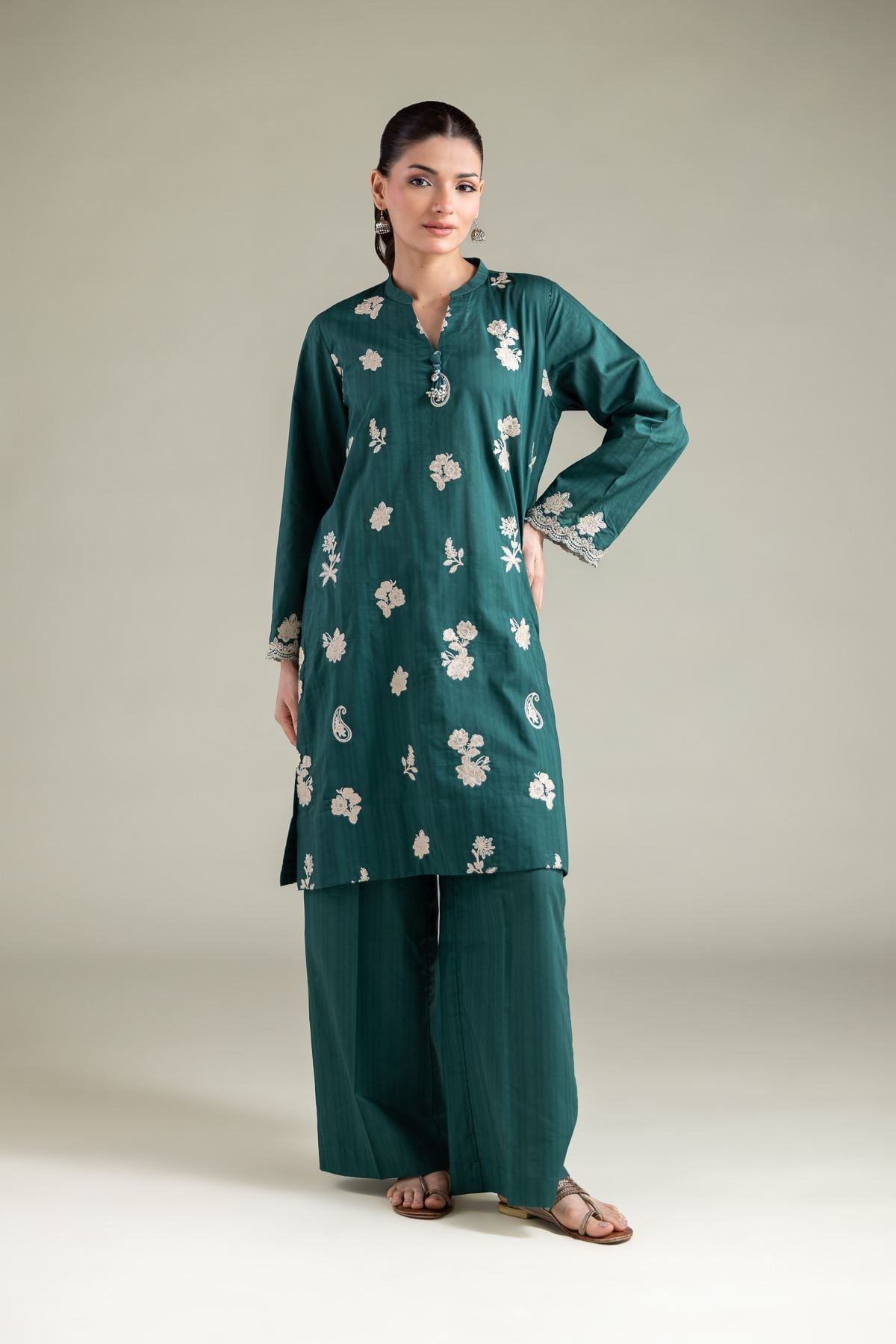 Embroidered Cotton Dobby Relaxed Solid Pants - 1-26-113-A-B-VG