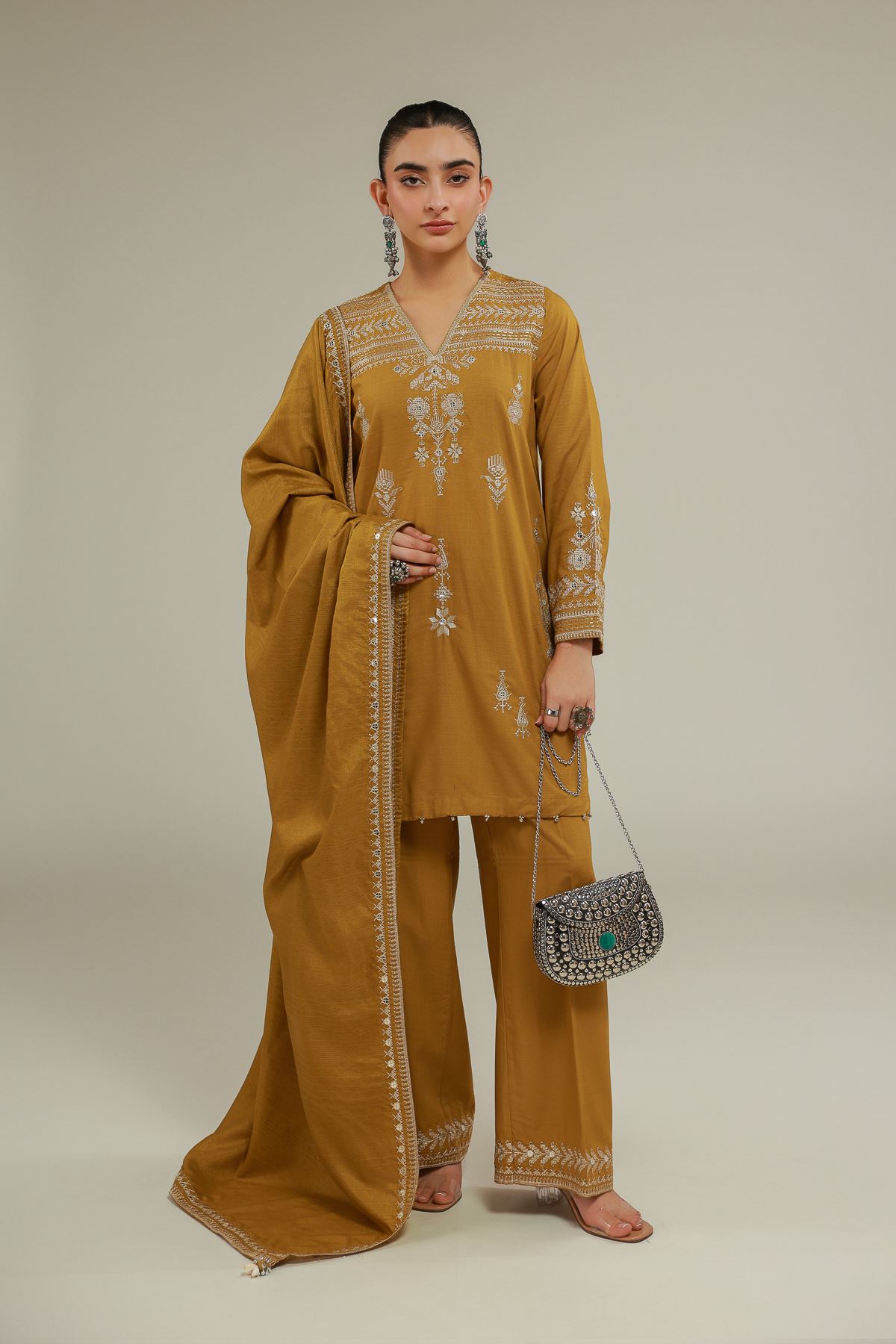 Embroidered Raw Silk Relaxed Fit Pants - 2-26-103-A-C-VG