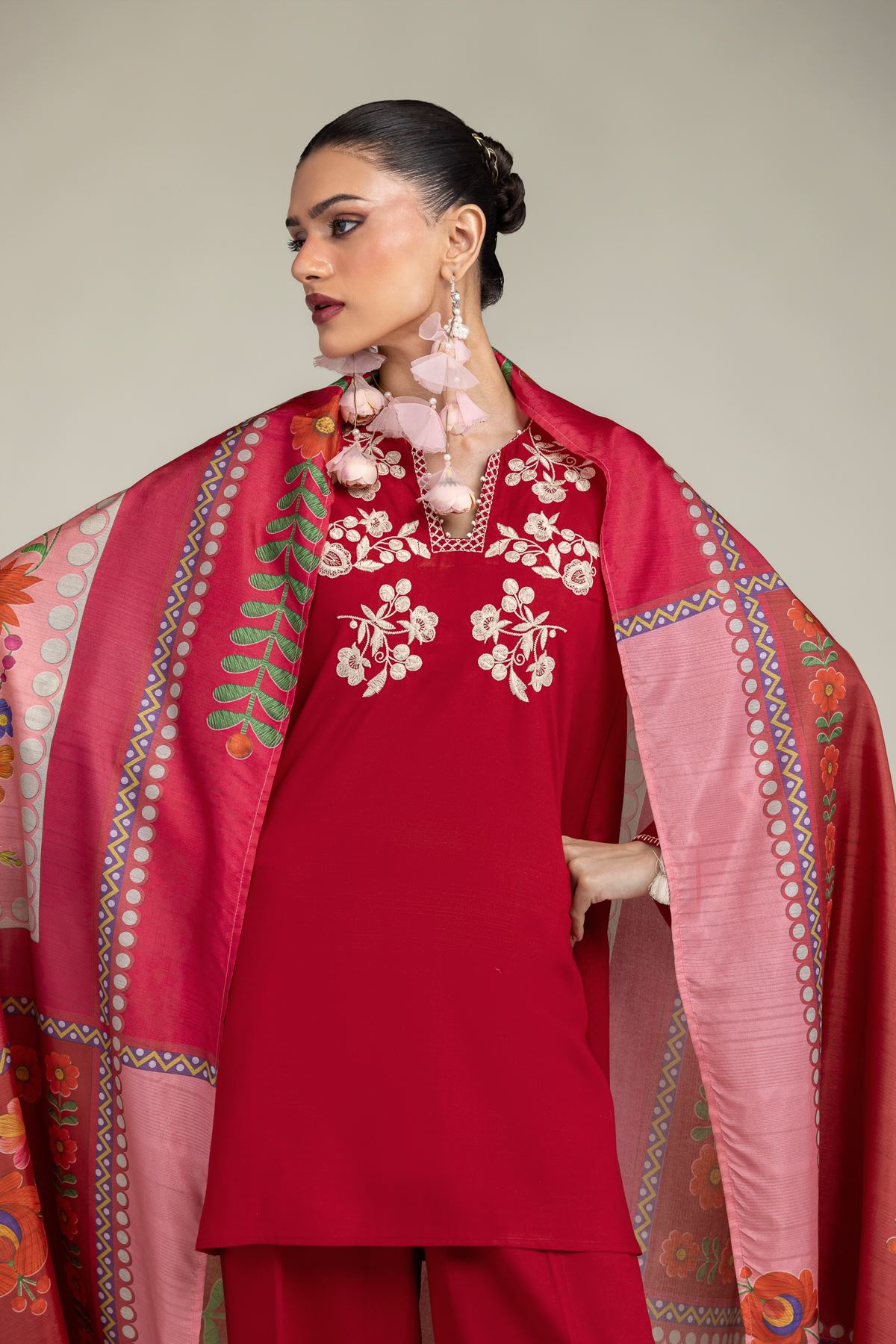 Embroidered Polyester Silk Red Floral Dupatta - 1-26-203-A-A1-VG