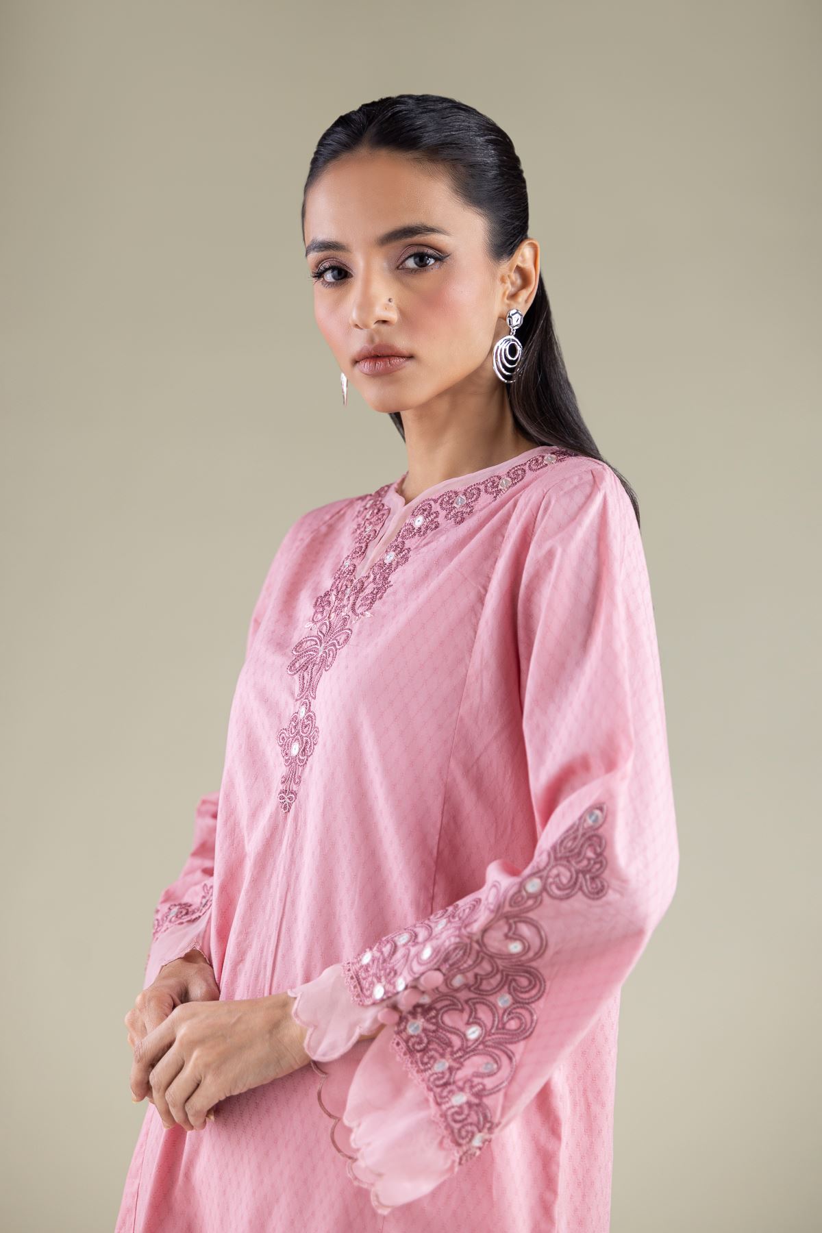 Embroidered Cotton Dobby Round V-Neck Kurta - 2-26-104-A-E-VG