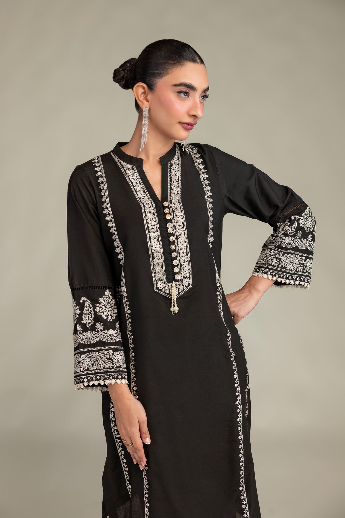 Printed Raw Silk Long Black Kurta - 1-26-244-A-D1-VG