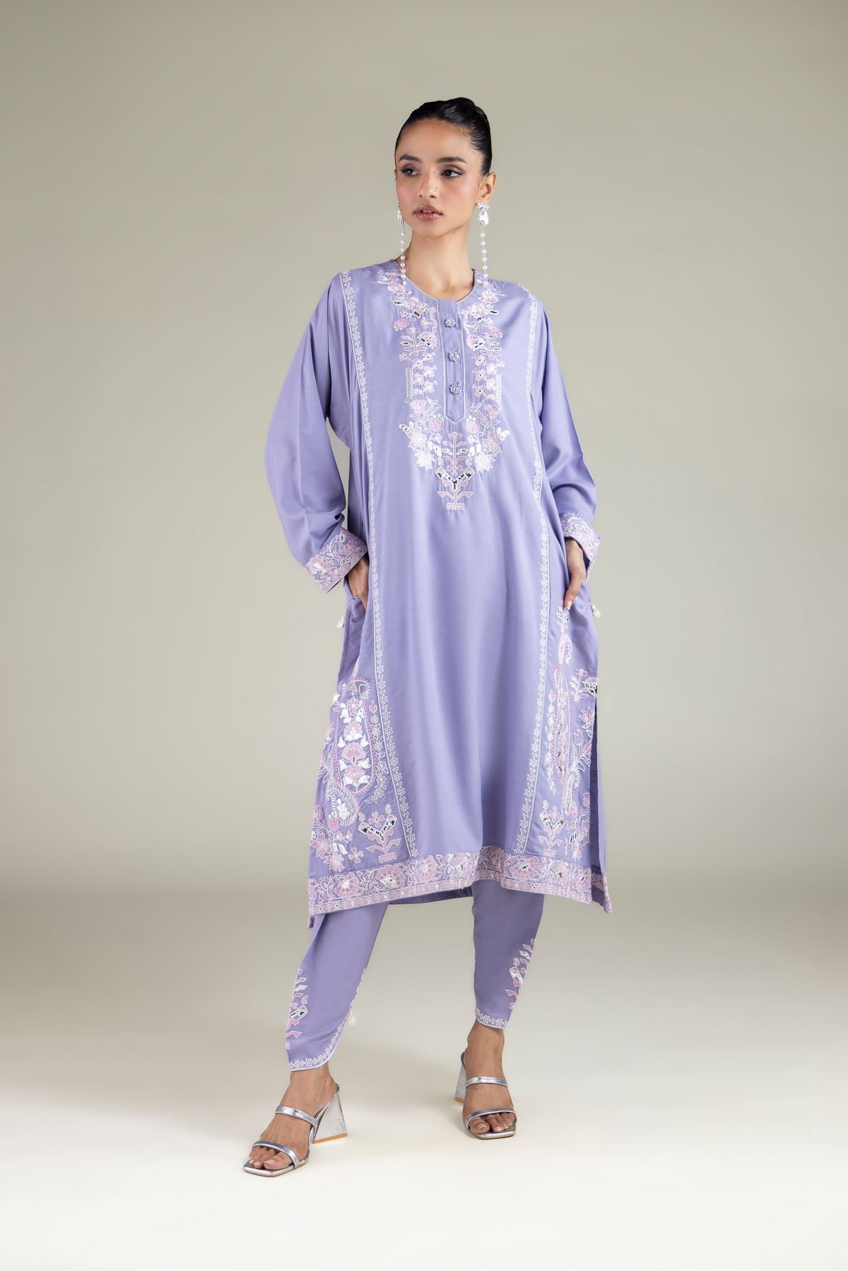 Embroidered Raw Silk Paisley Longline Kurta - 2-26-112-A-B-VG
