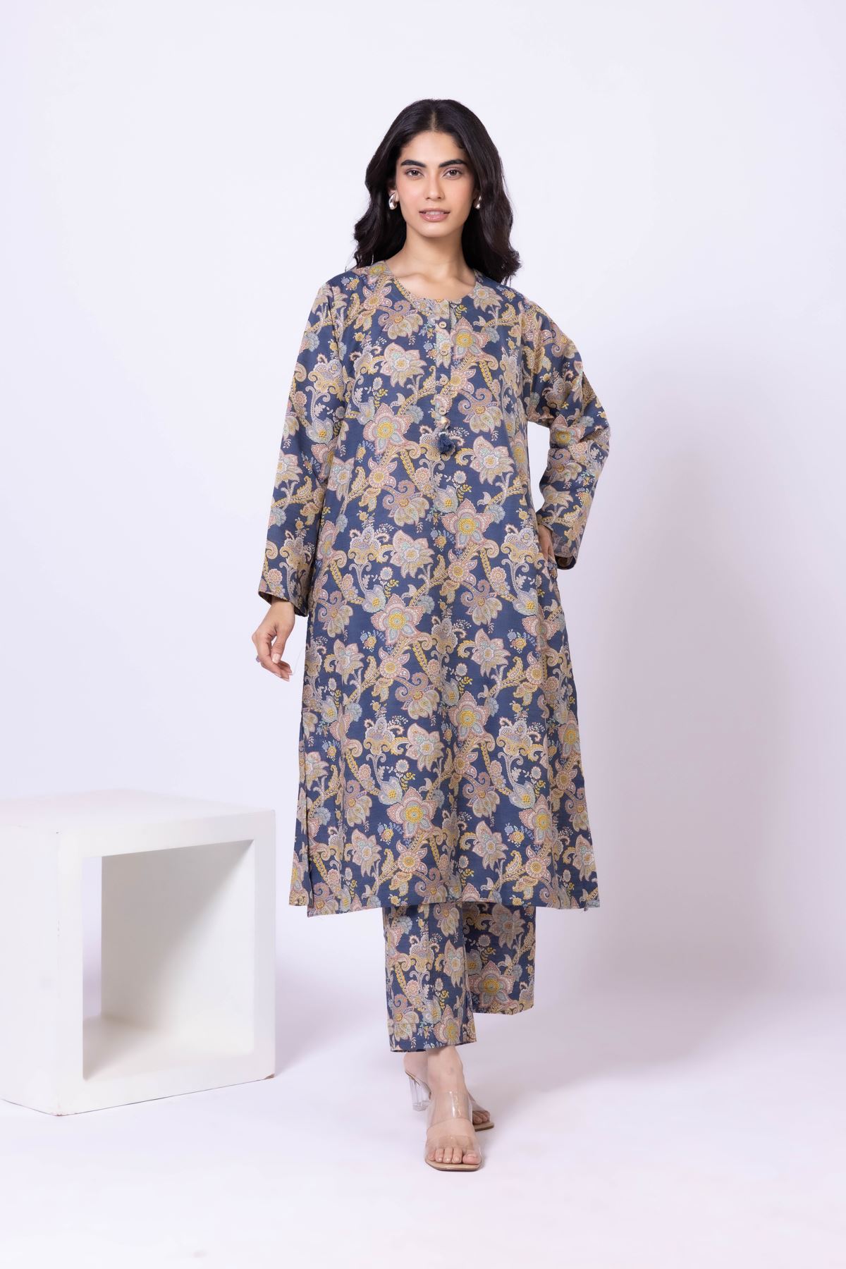 Printed Khaddar Kurta - 25-10-12E6-07TB-VG