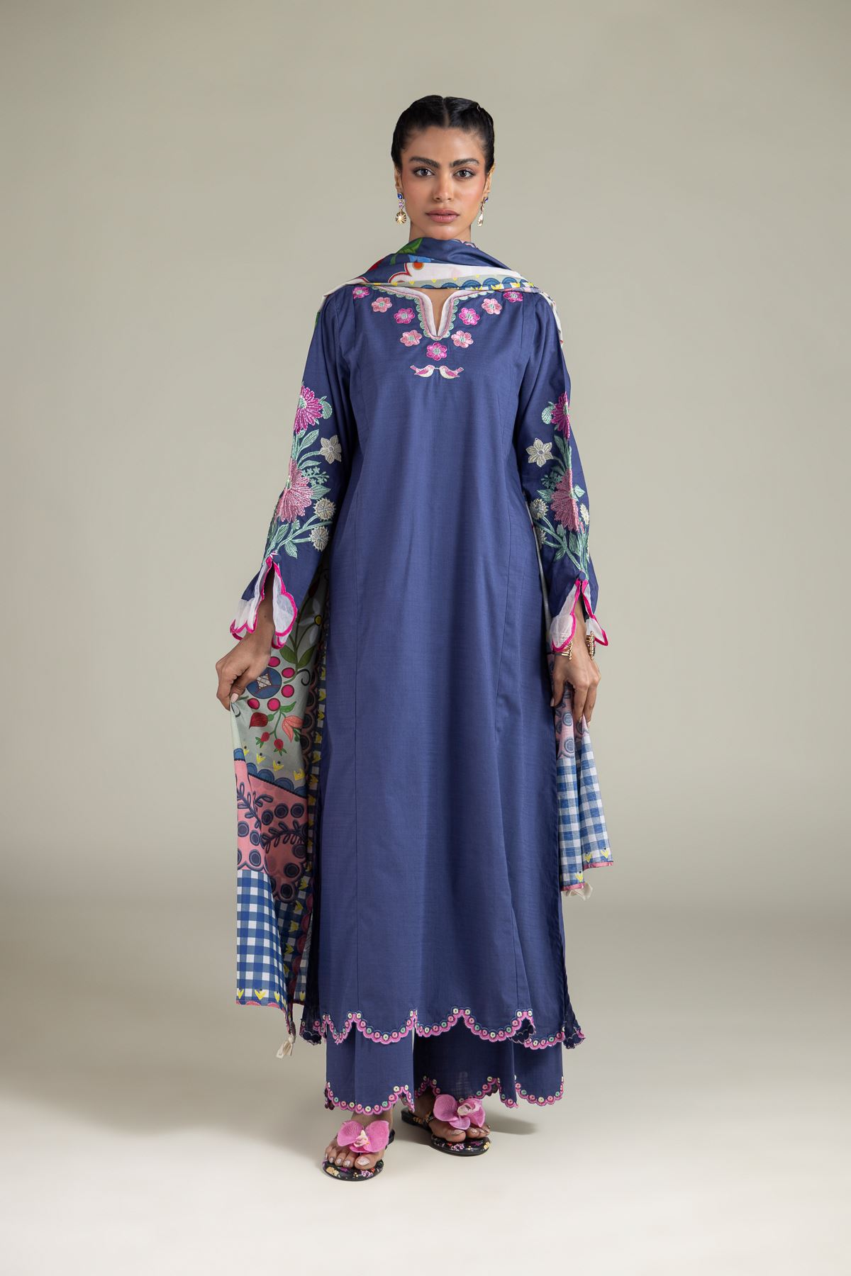 Embroidered Textured Cotton Floral Longline Kurta - 25-09-10E2-06TA-VG